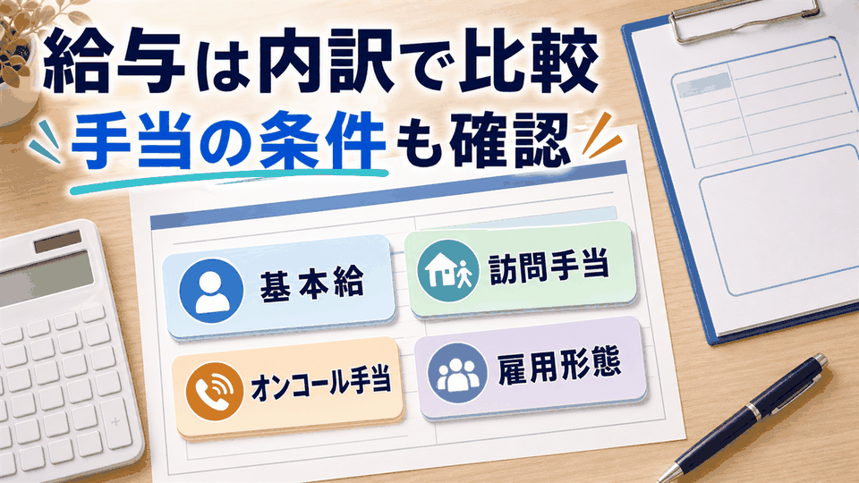 訪問看護師求人の給与を基本給、訪問手当、オンコール手当、出動手当、雇用形態で整理する要約画像