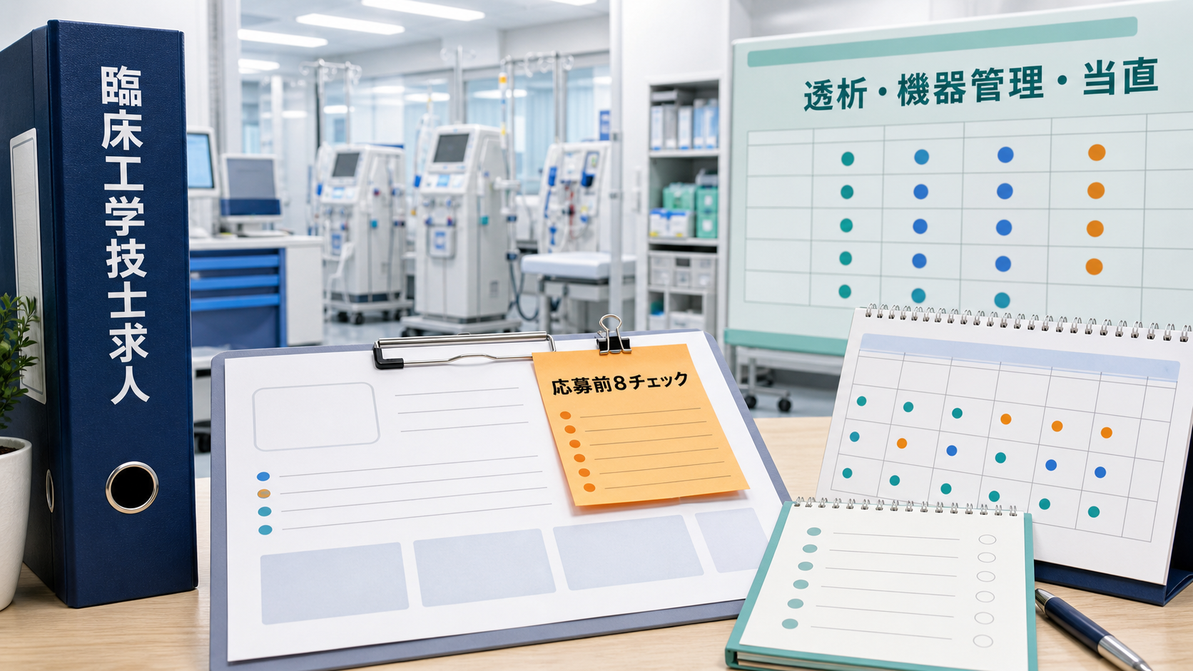 臨床工学技士求人を探す人向けに、透析業務、医療機器管理、当直条件を応募前に整理したアイキャッチ画像