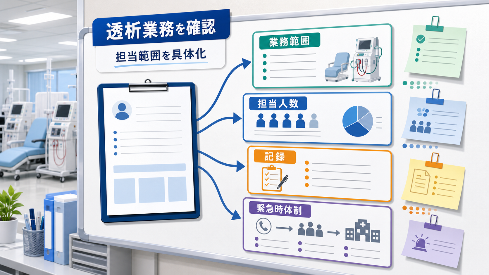 臨床工学技士求人の透析業務で業務範囲、担当人数、記録、緊急時体制を確認する要約画像
