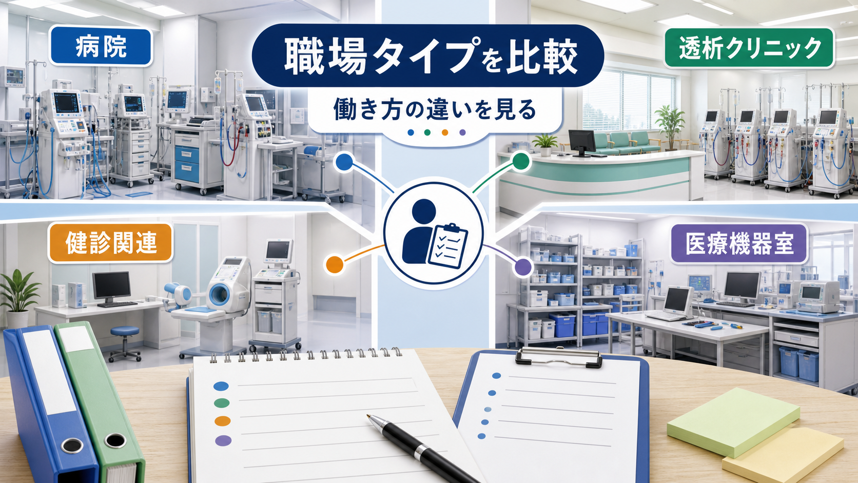 臨床工学技士求人で病院、透析クリニック、健診関連、医療機器室の職場差を比較する要約画像