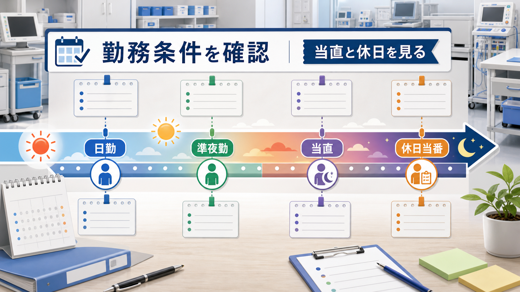 臨床工学技士求人で日勤、準夜勤、当直、休日当番を確認する要約画像