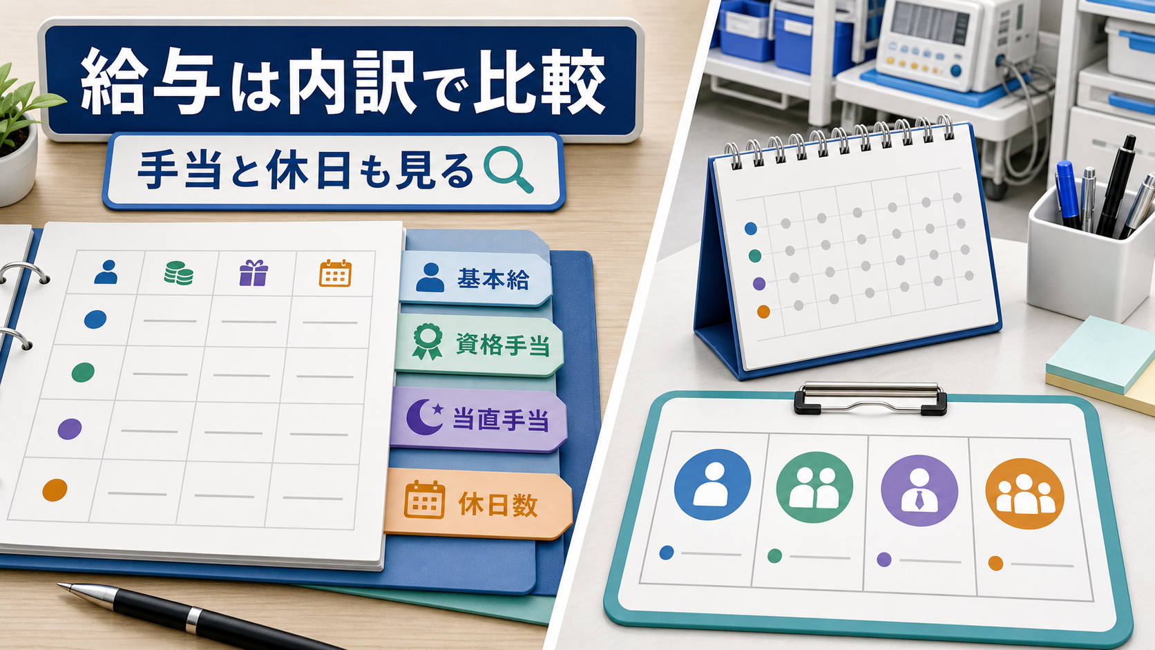 臨床工学技士求人で基本給、資格手当、当直手当、休日数を比較する要約画像