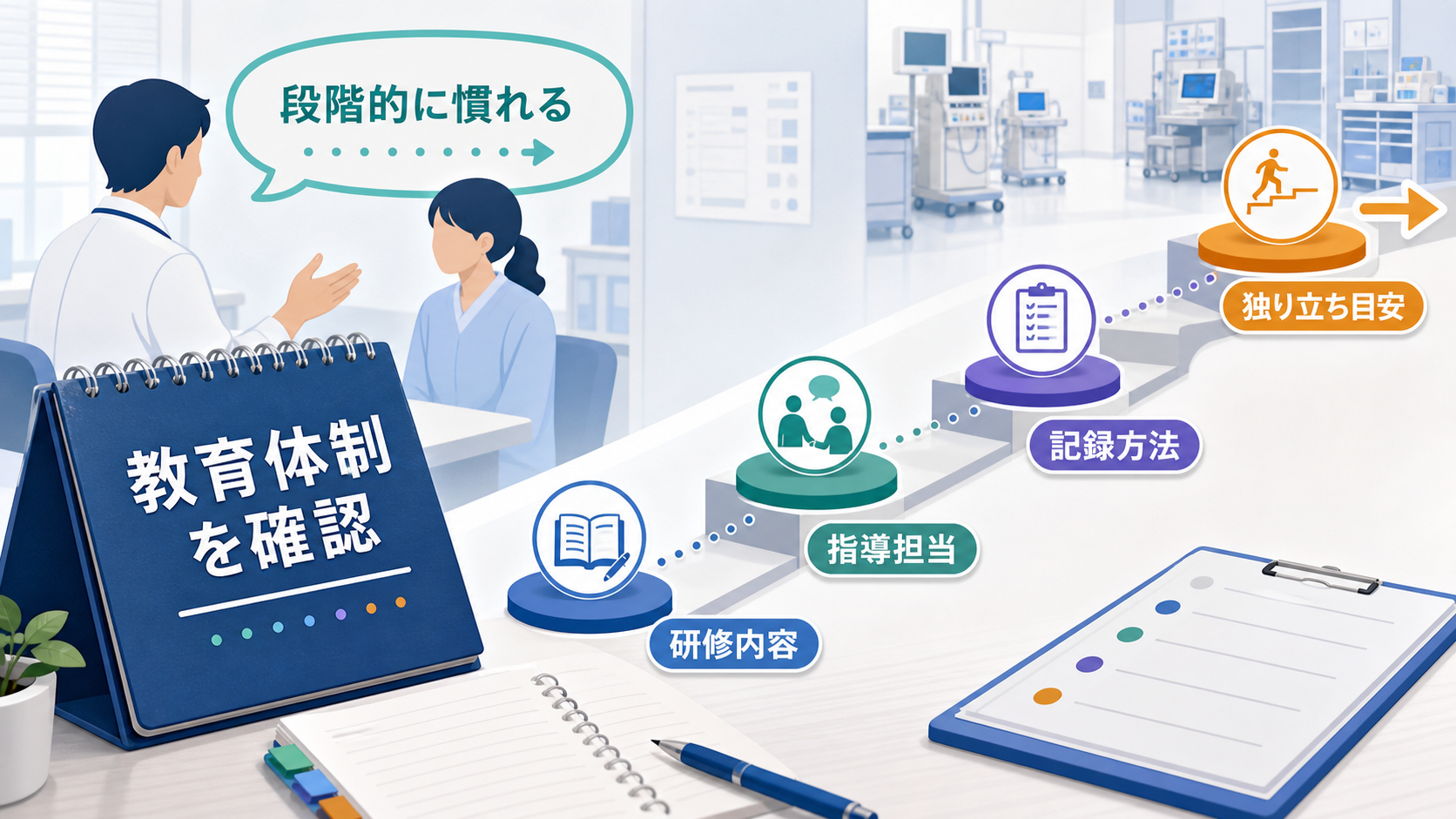 臨床工学技士求人で研修内容、指導担当、記録方法、独り立ち目安を確認する要約画像