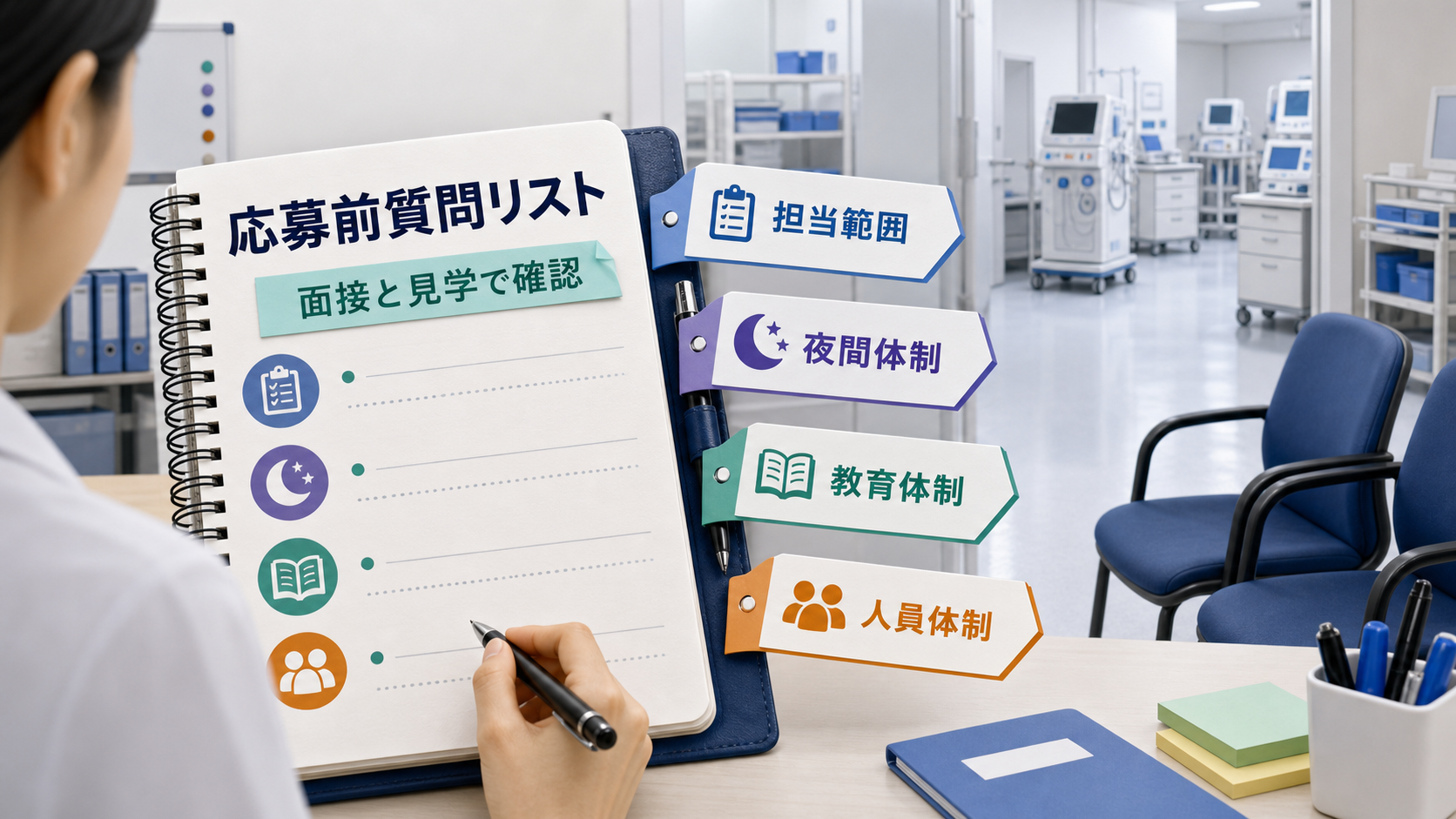 臨床工学技士求人の面接と職場見学で担当範囲、夜間体制、教育体制、人員体制を質問する要約画像