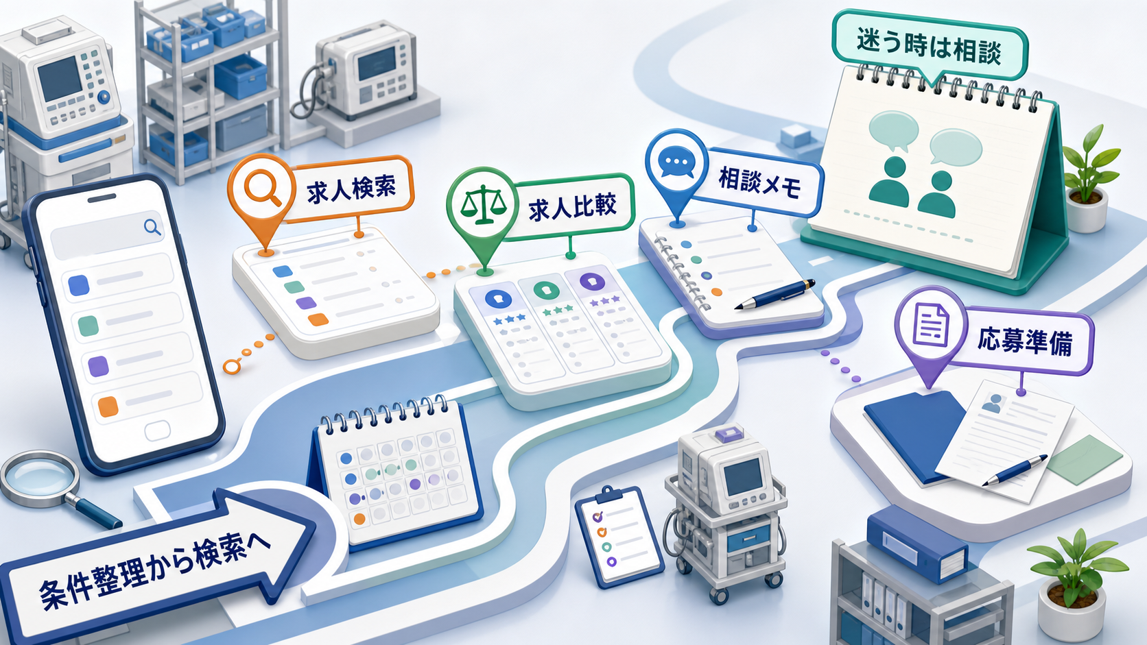臨床工学技士求人を条件整理、求人比較、転職相談、応募準備の流れで進める要約画像