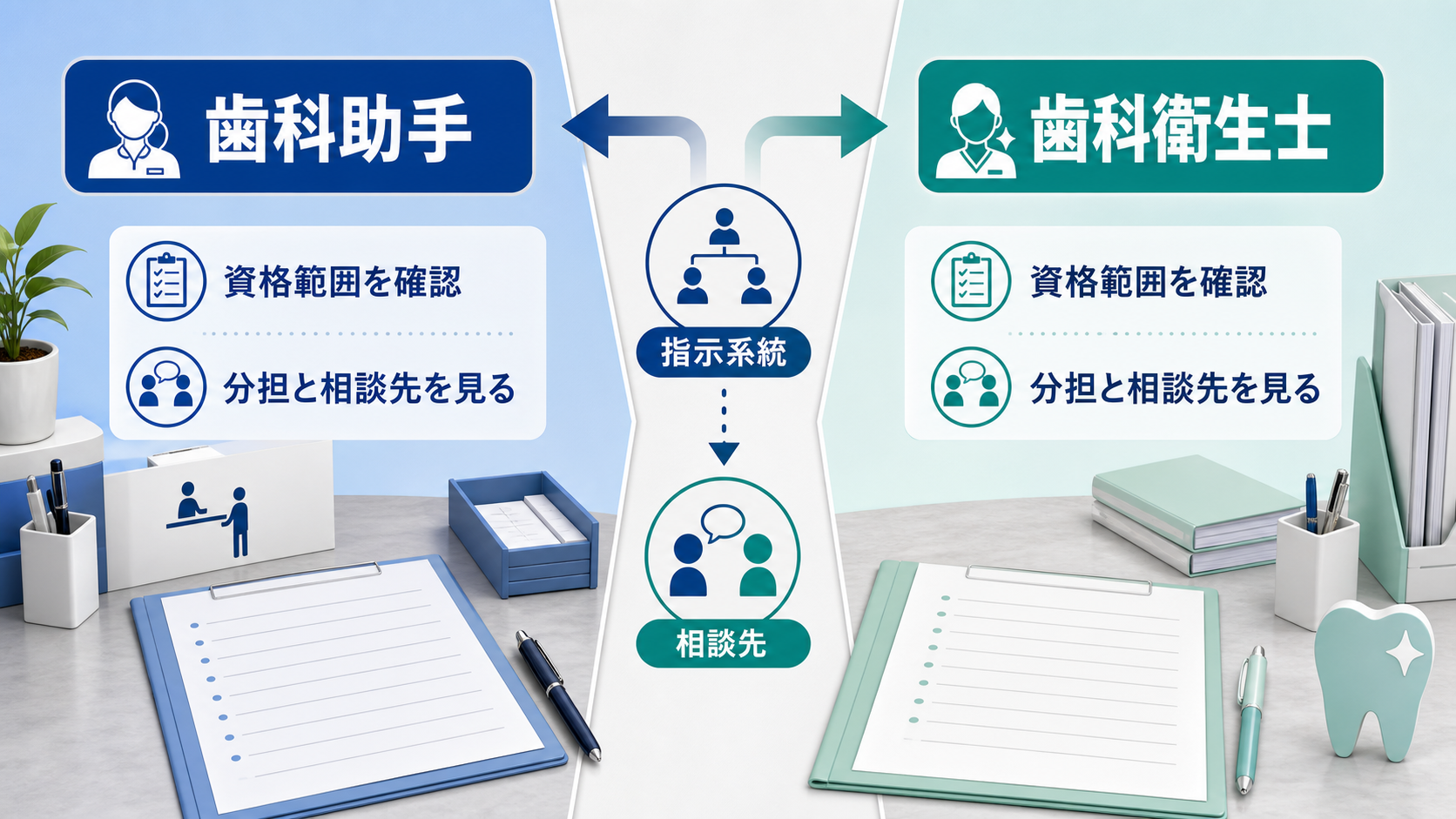 歯科助手求人で歯科衛生士との違い、資格範囲、指示系統を確認する要約画像