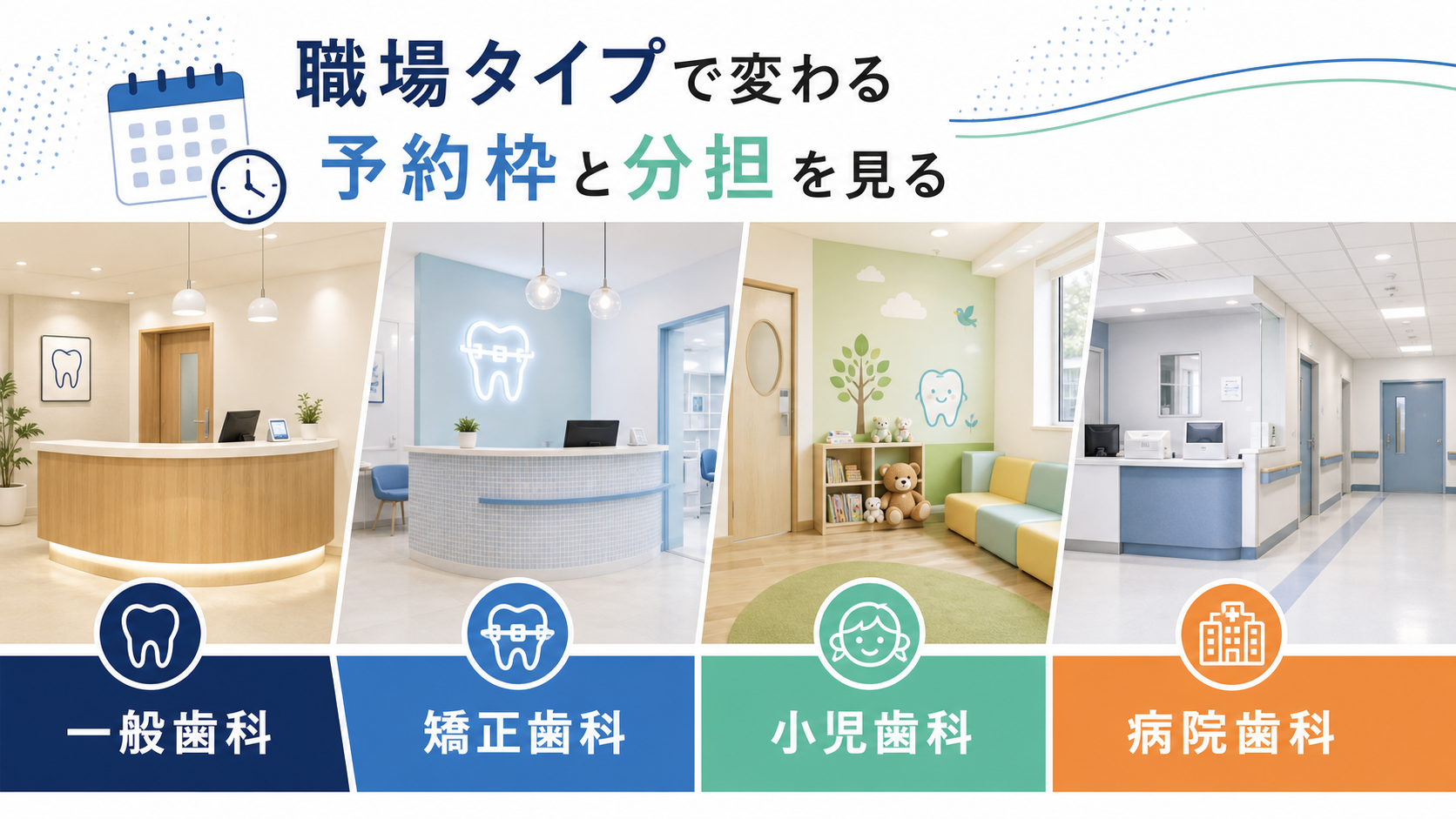 歯科助手求人の職場タイプを一般歯科、矯正歯科、小児歯科、病院歯科で比較する要約画像