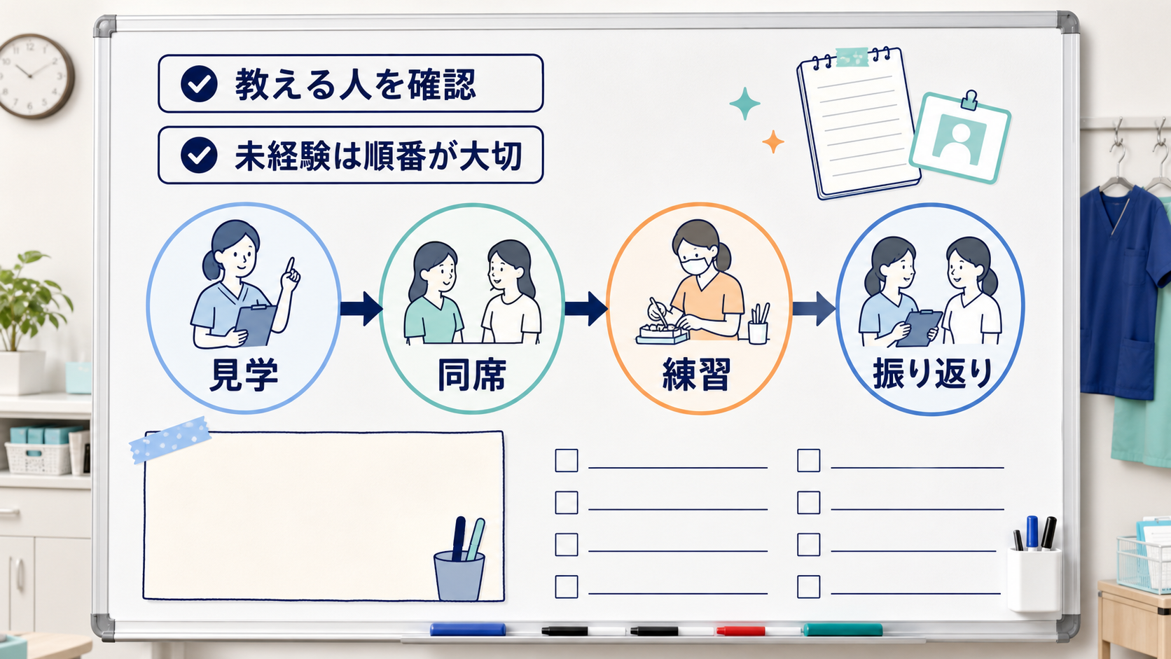 歯科助手求人で未経験やブランクが教育担当者、同席期間、チェック表を確認する要約画像