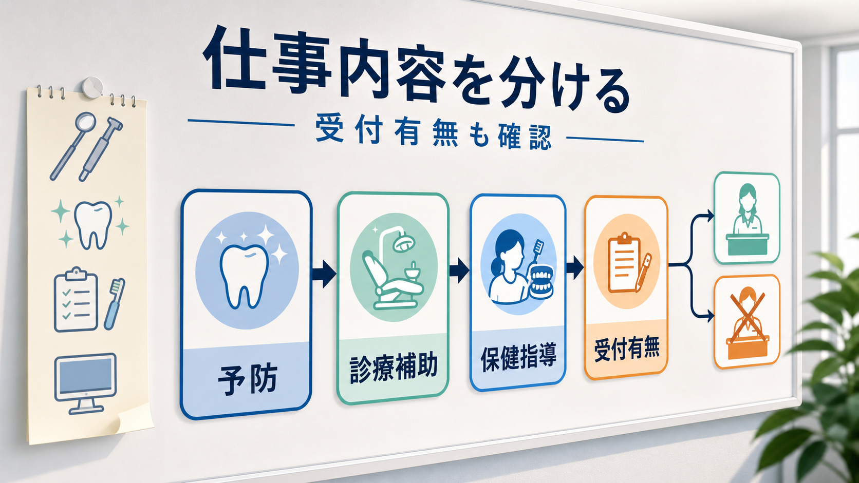 歯科衛生士求人の仕事内容を予防、診療補助、保健指導、受付有無に分けて確認する要約画像