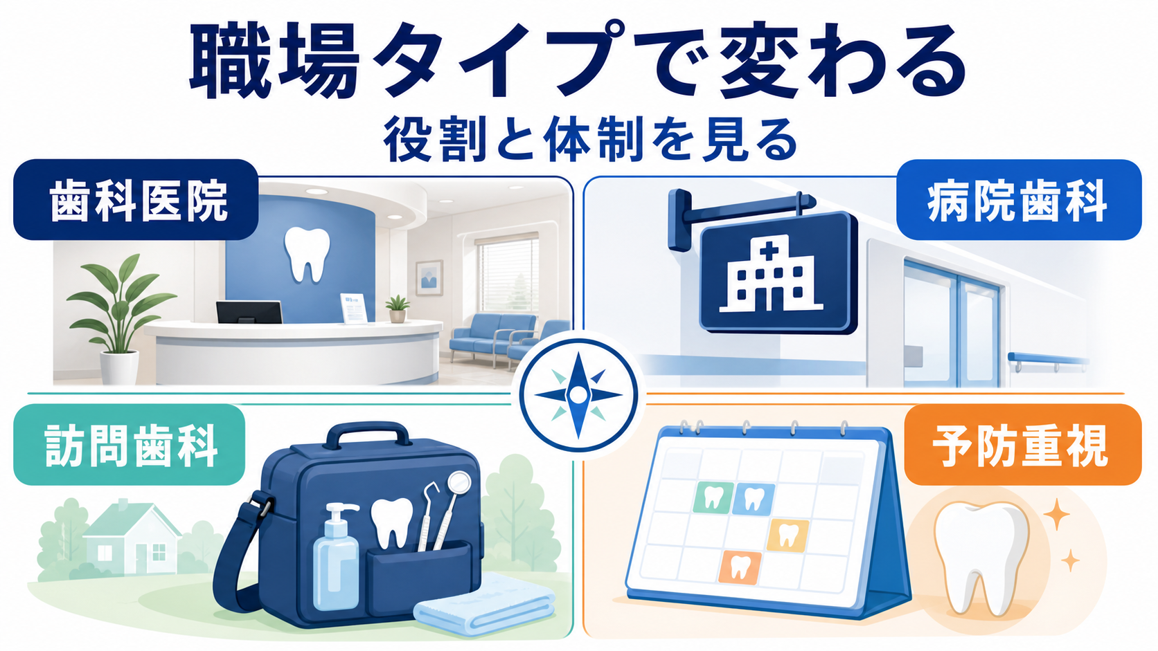 歯科衛生士求人の職場タイプを歯科医院、病院歯科、訪問歯科、予防重視で比較する要約画像