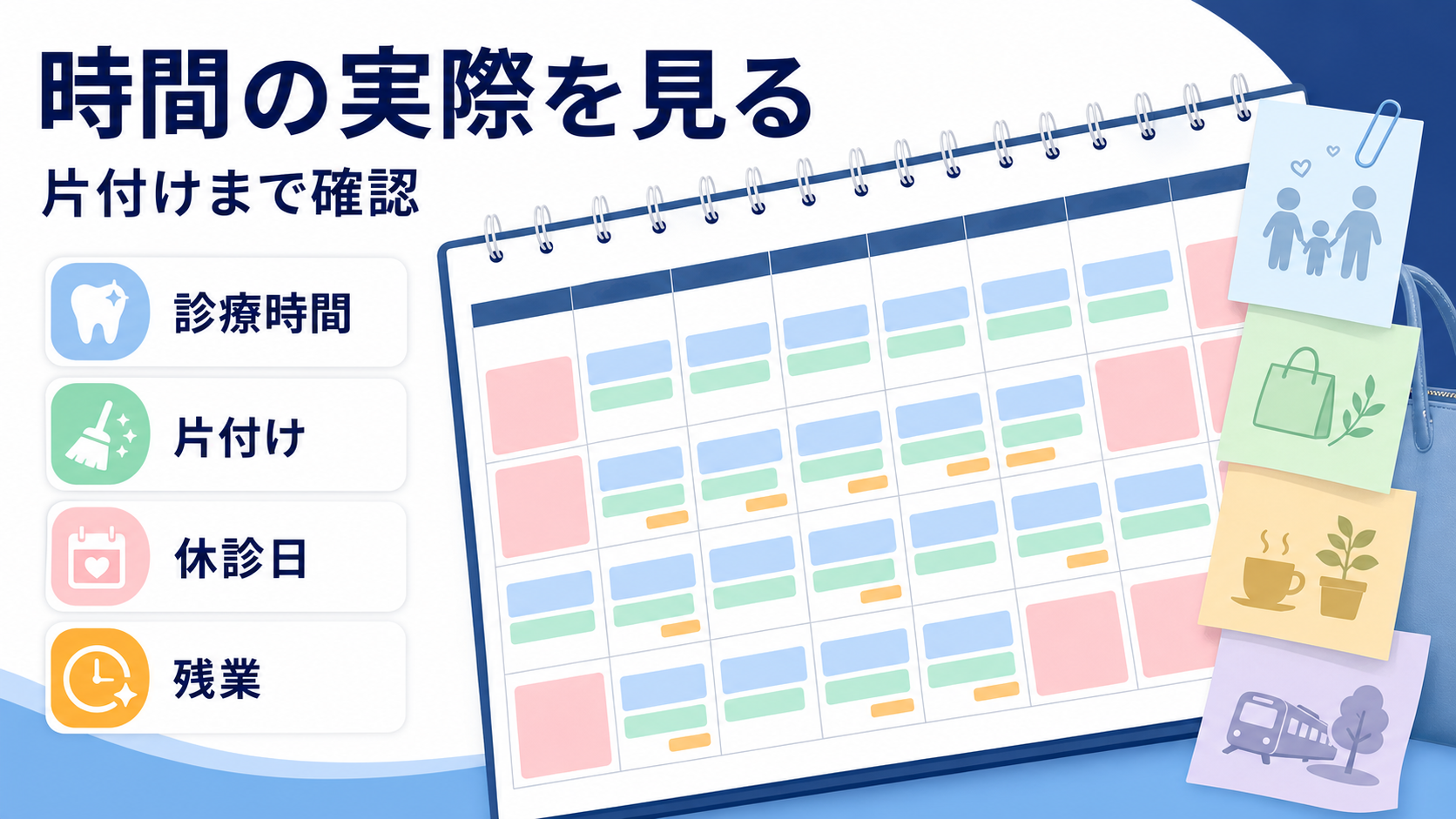 歯科衛生士求人の診療時間、片付け、休診日、残業を勤務表で確認する要約画像