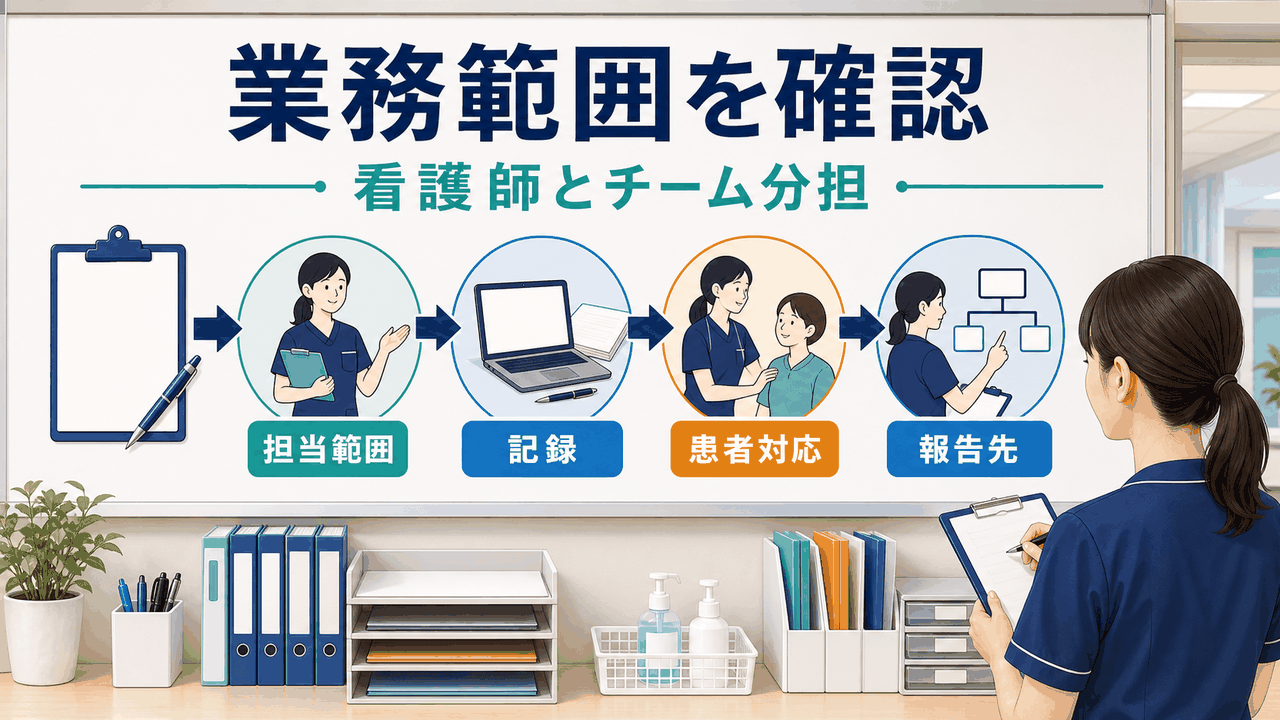 透析クリニック看護師求人の担当範囲、チーム分担、記録方法、患者対応を確認する要約画像