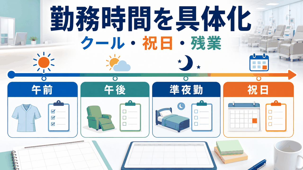 透析クリニック看護師求人の午前クール、午後クール、準夜勤、祝日勤務を時間軸で確認する要約画像