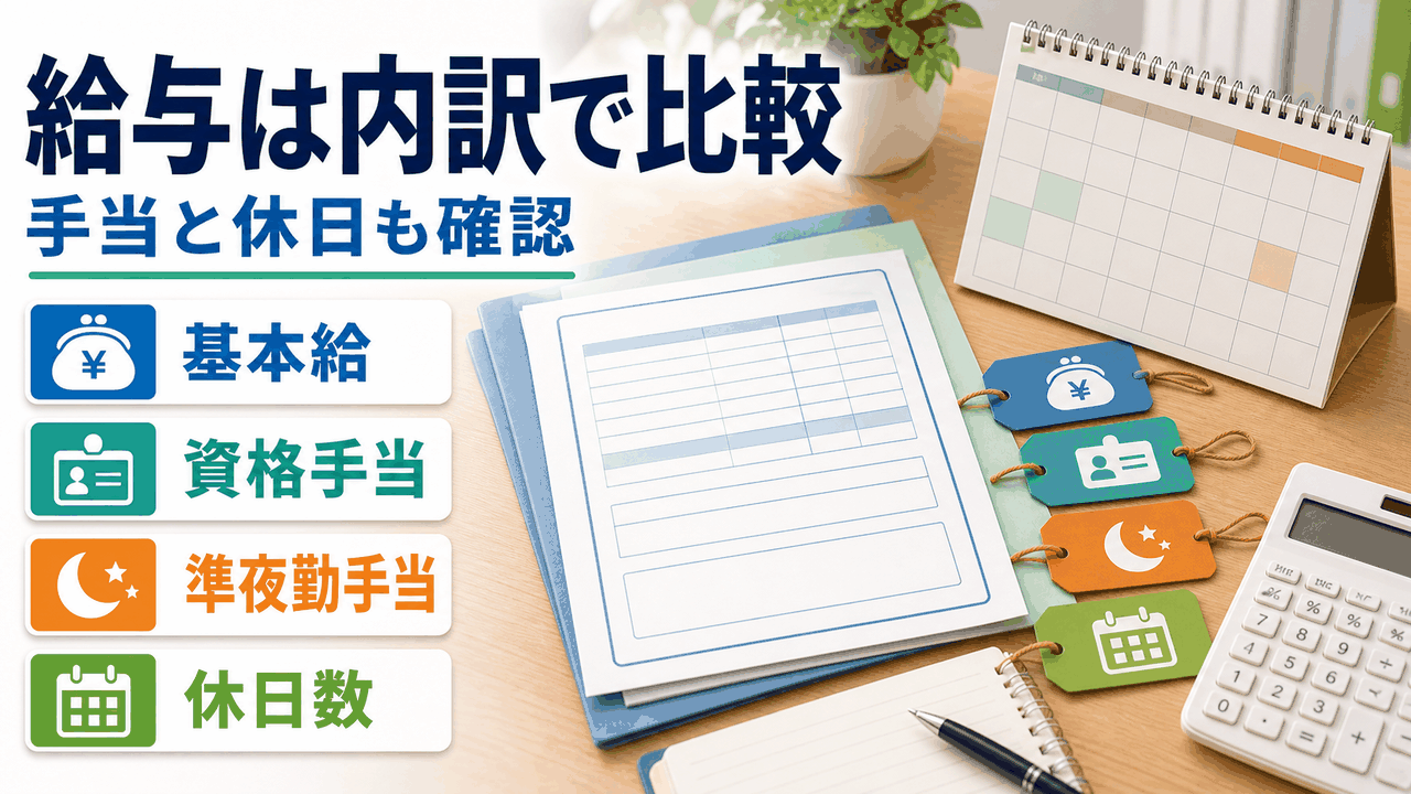 透析クリニック看護師求人の基本給、資格手当、準夜勤手当、休日数を分けて比較する要約画像