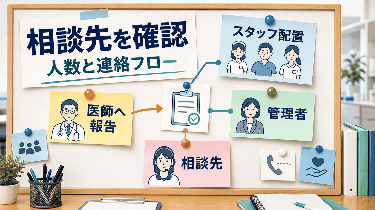 透析クリニック看護師求人でスタッフ配置、連絡フロー、相談先、患者対応方針を確認する要約画像