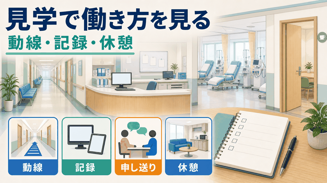 透析クリニック看護師求人の職場見学で動線、記録、申し送り、休憩環境を確認する要約画像
