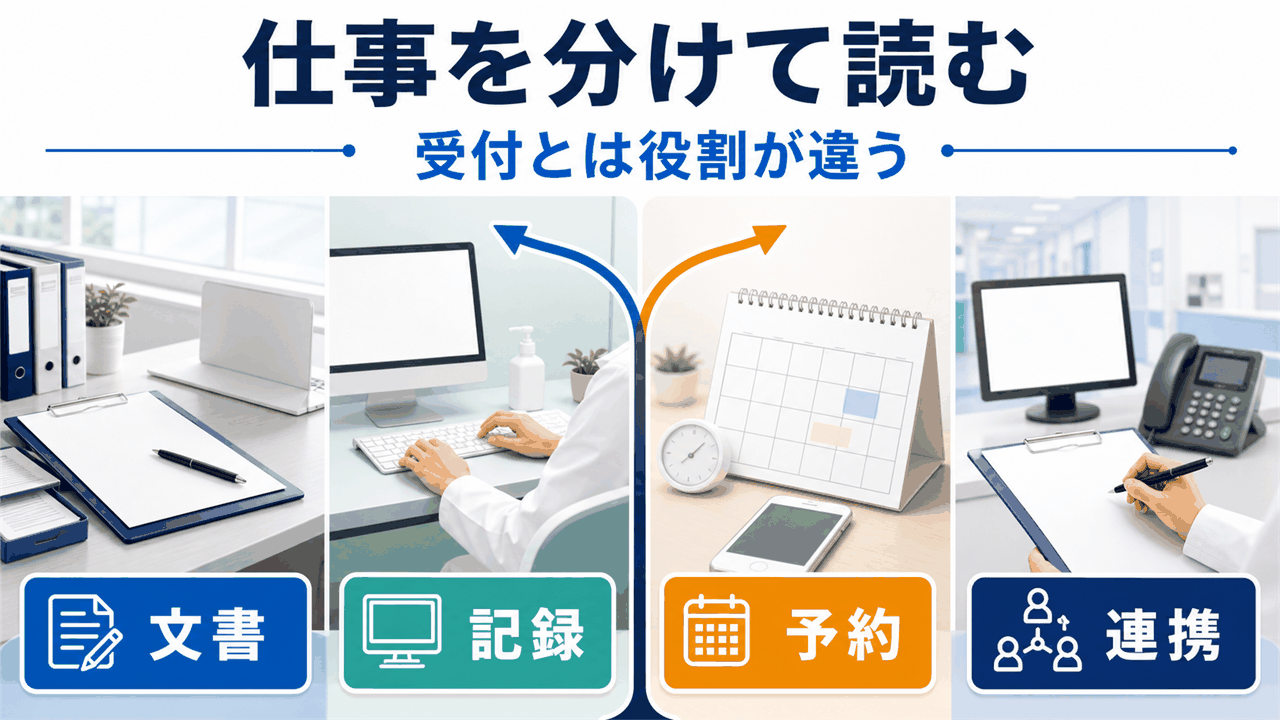医師事務作業補助者求人の文書作成補助、電子カルテ入力、予約調整、部門連携を分けて読む要約画像