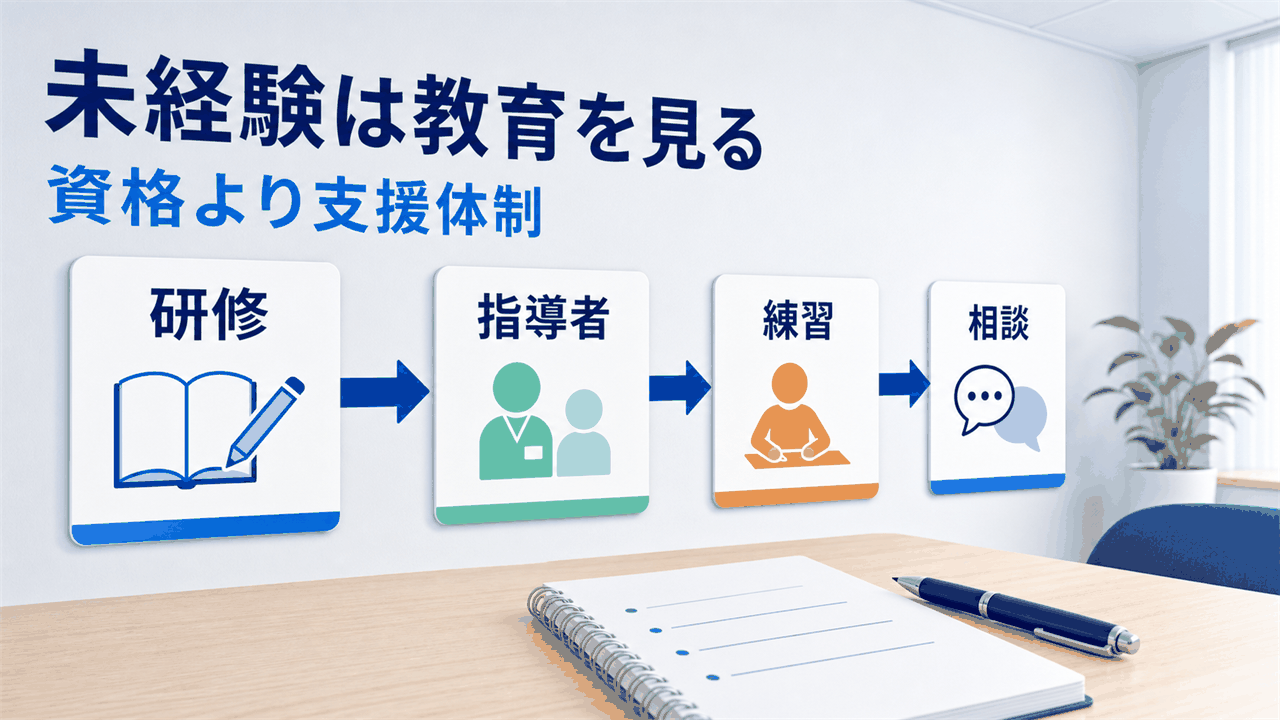 未経験の医師事務作業補助者求人で研修、指導者、練習範囲、相談先を確認する要約画像