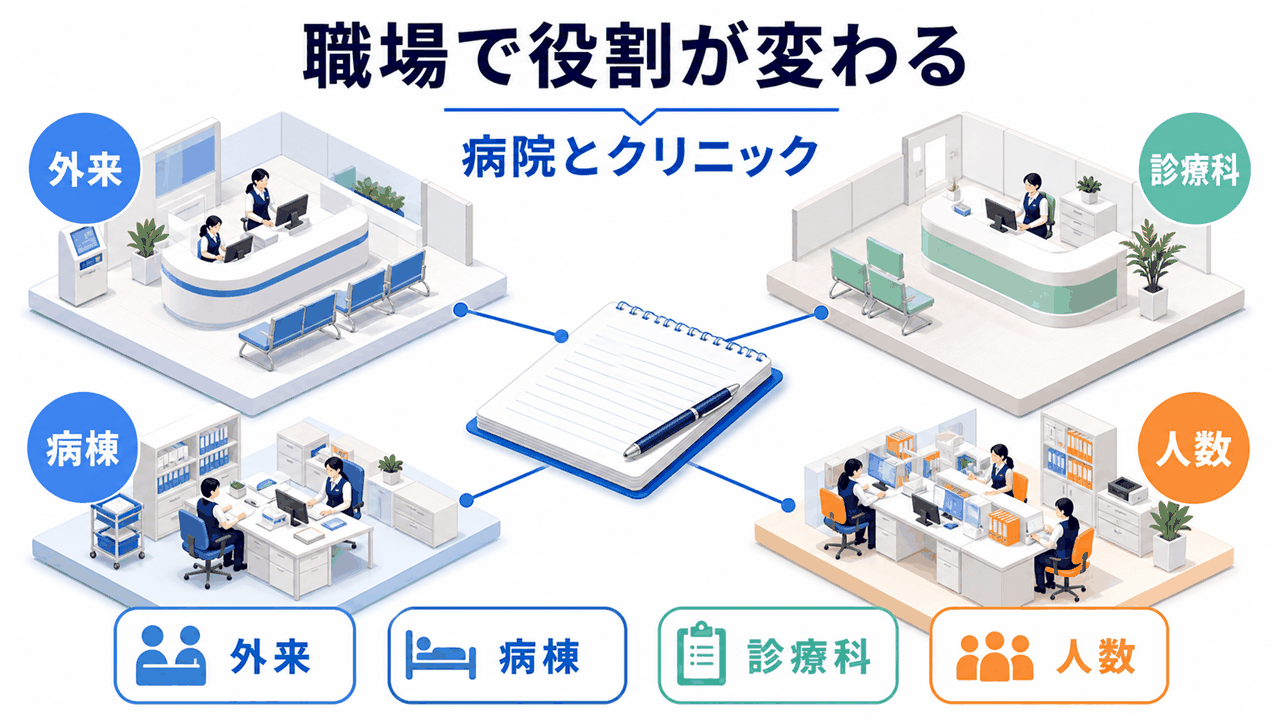 病院、クリニック、外来、病棟など医師事務作業補助者求人の職場差を比較する要約画像