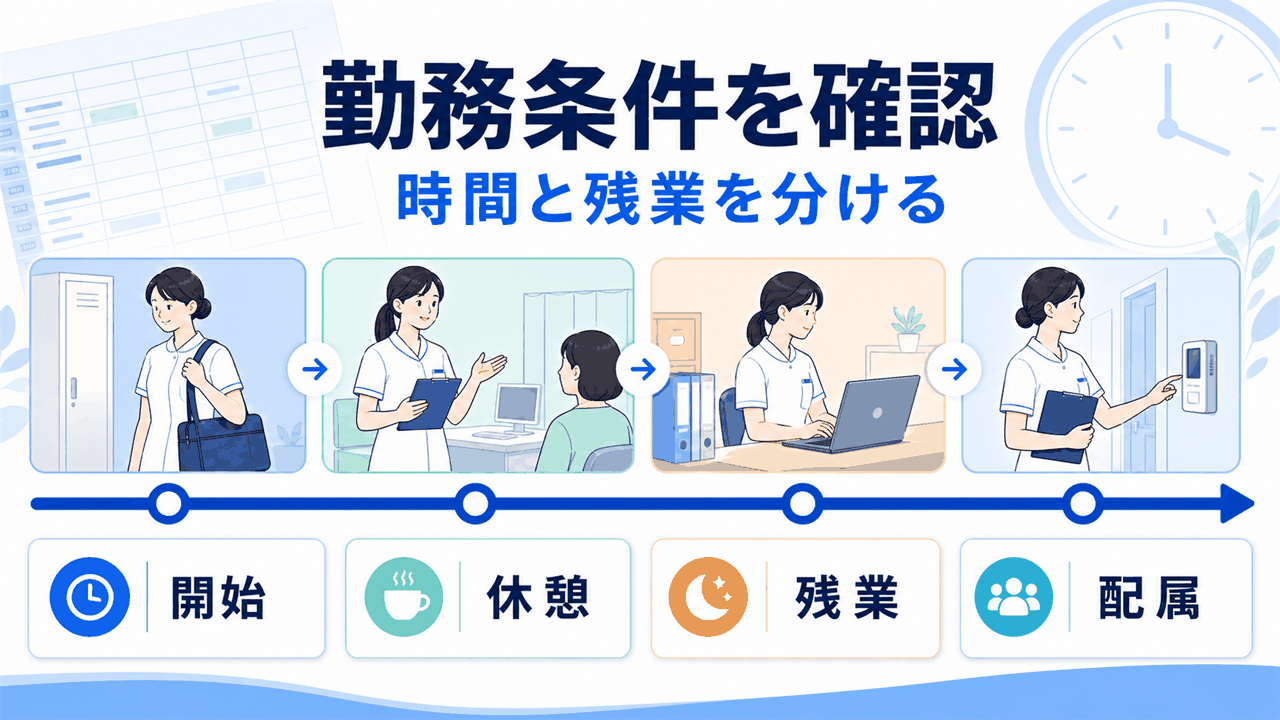 医師事務作業補助者求人の勤務時間、休日、残業、配属を確認する要約画像