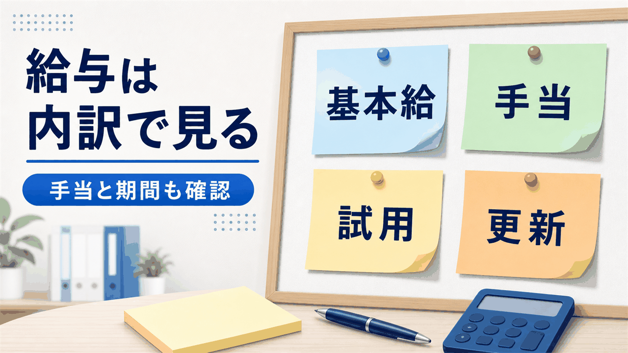 医師事務作業補助者求人の給与、雇用形態、試用期間、手当を内訳で確認する要約画像