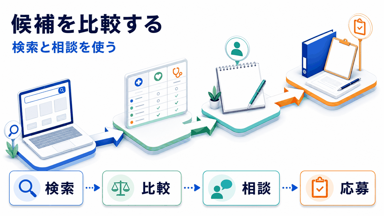 医師事務作業補助者求人を求人検索、条件比較、転職サポート、応募準備の流れで整理する要約画像