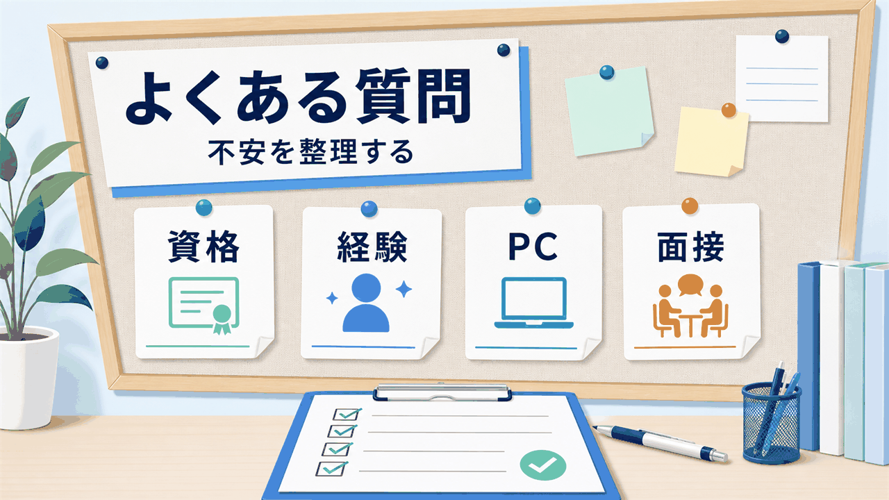 医師事務作業補助者求人の資格、未経験、PCスキル、面接質問に関するFAQ要約画像