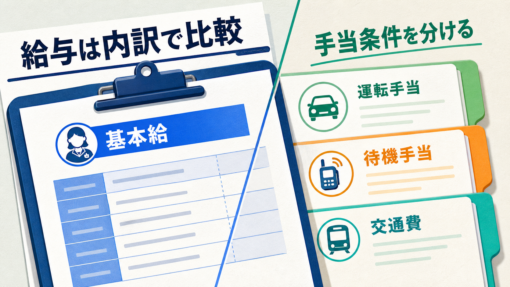 訪問診療クリニック看護師求人の給与を基本給、運転手当、待機手当、交通費に分けて比較する要約画像