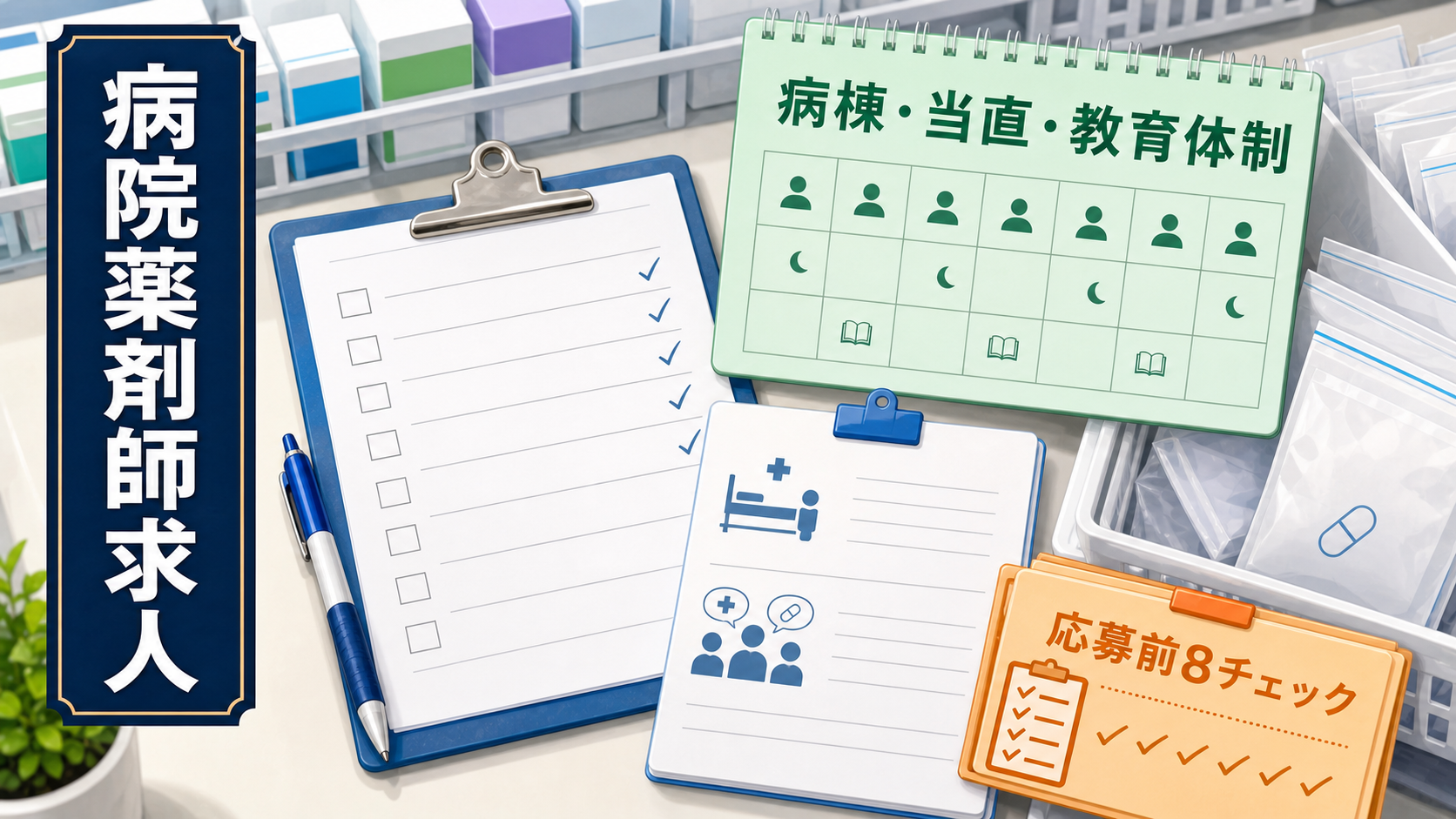病院薬剤師求人を探す人向けに、病棟業務、当直、教育体制を応募前に整理したアイキャッチ画像