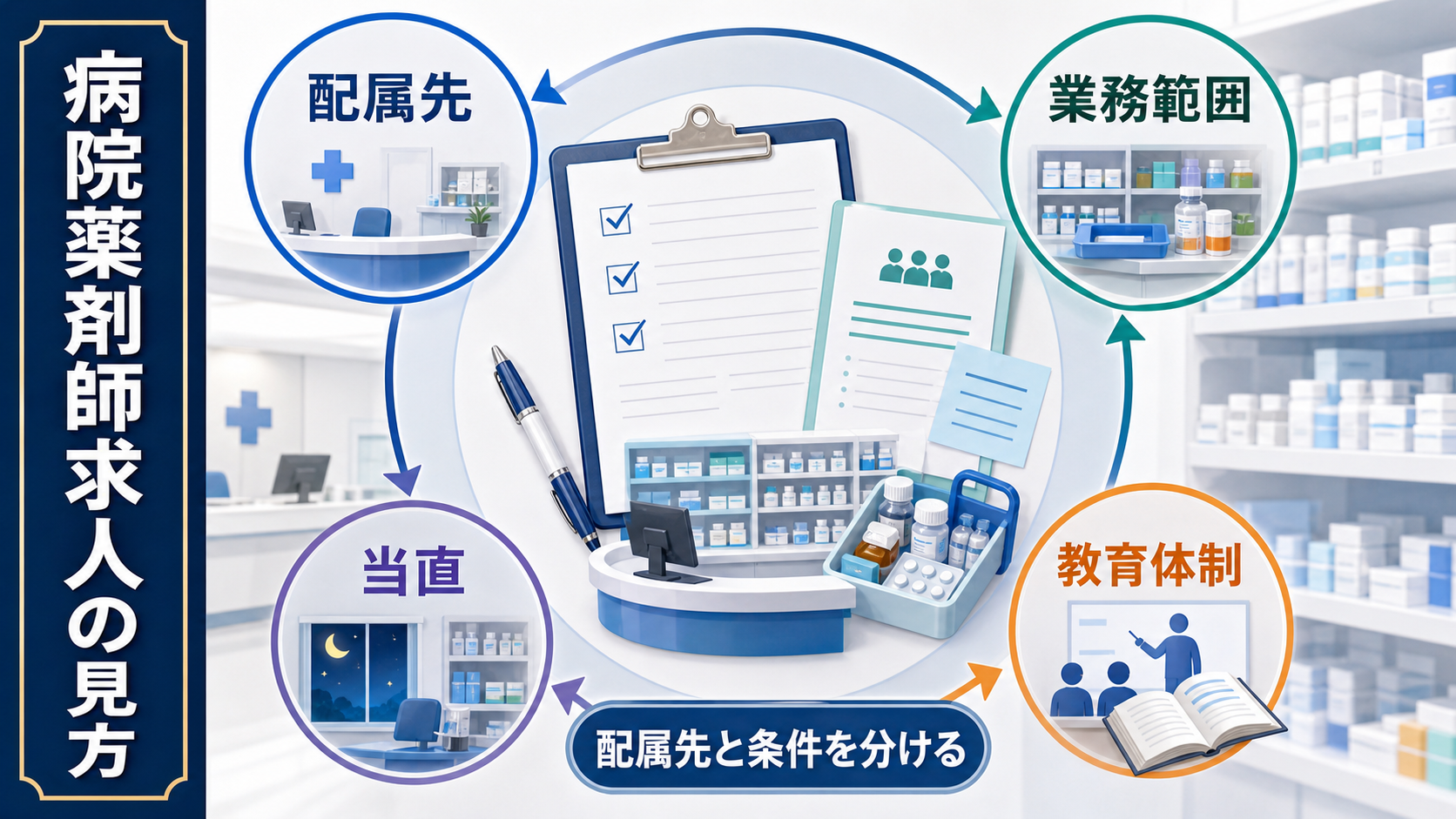 病院薬剤師求人は配属先、業務範囲、当直、教育体制を分けて確認する要約画像