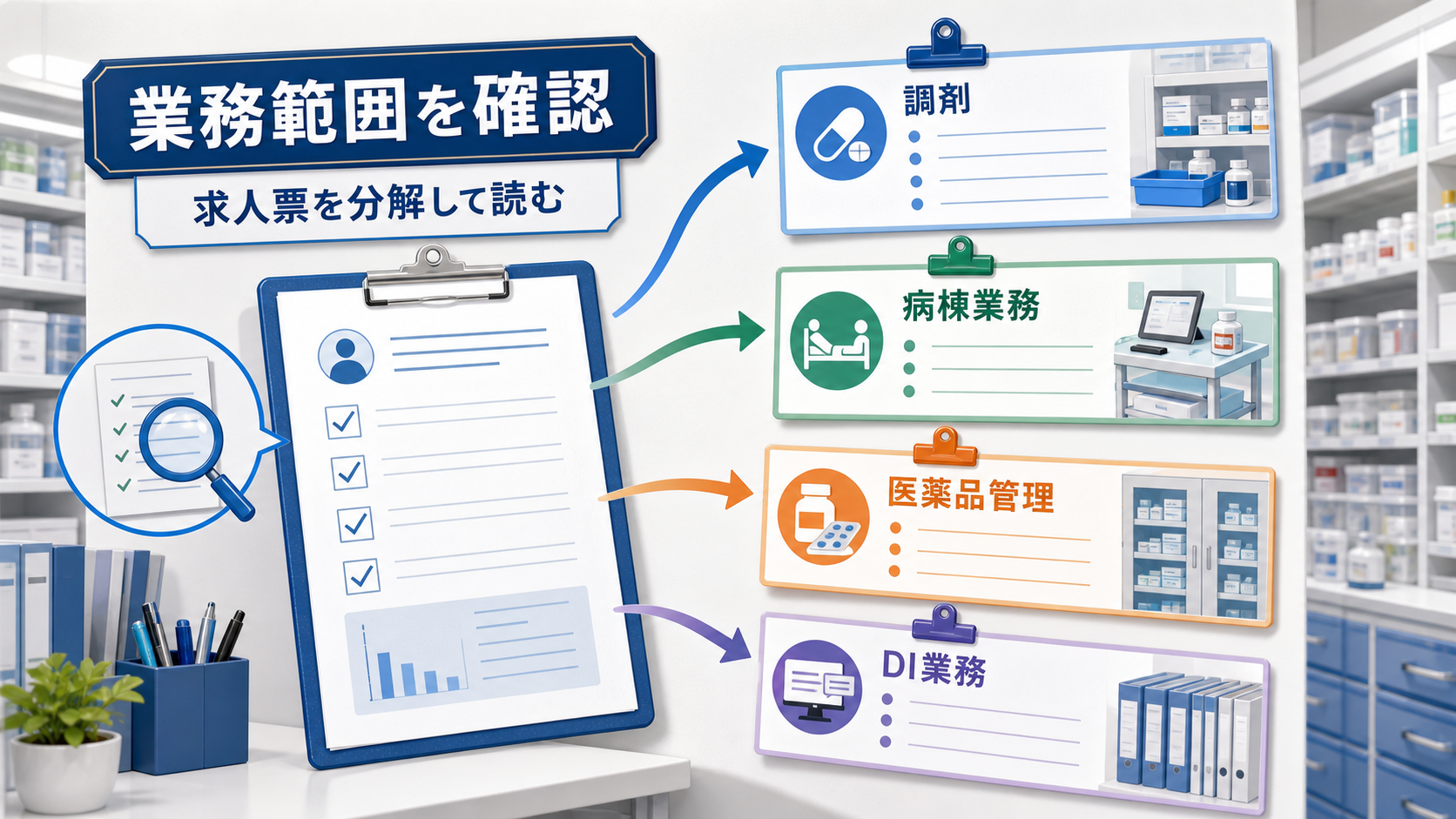 病院薬剤師求人の調剤、病棟業務、医薬品管理、DI業務の範囲を確認する要約画像