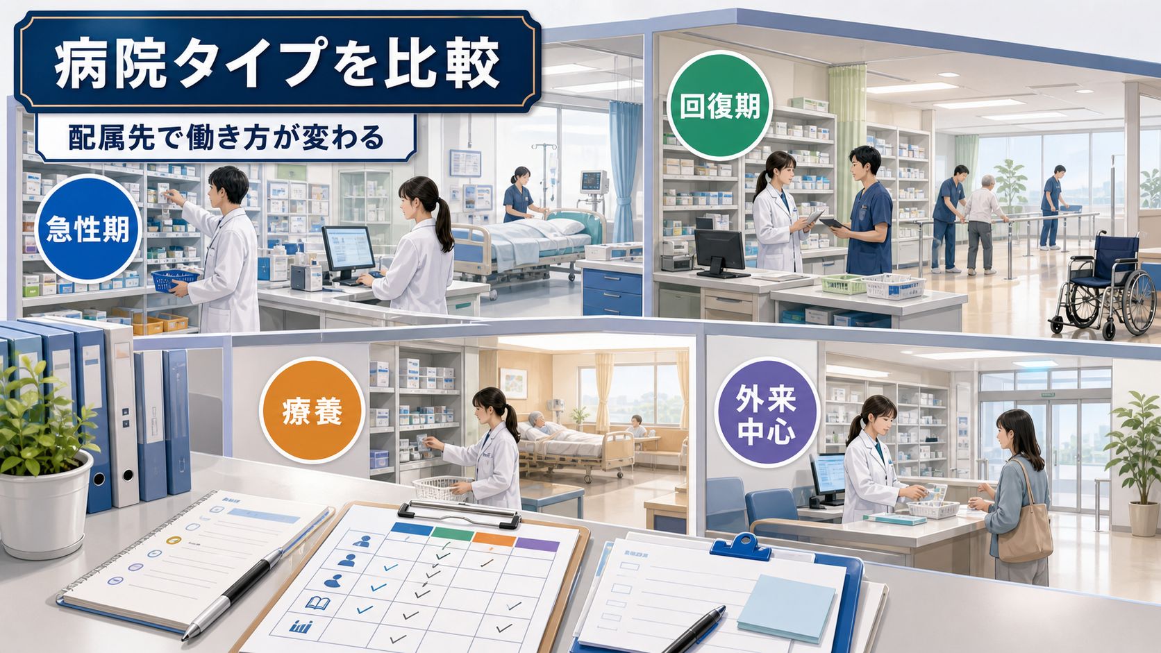 病院薬剤師求人で急性期、回復期、療養、外来中心の職場差を比較する要約画像