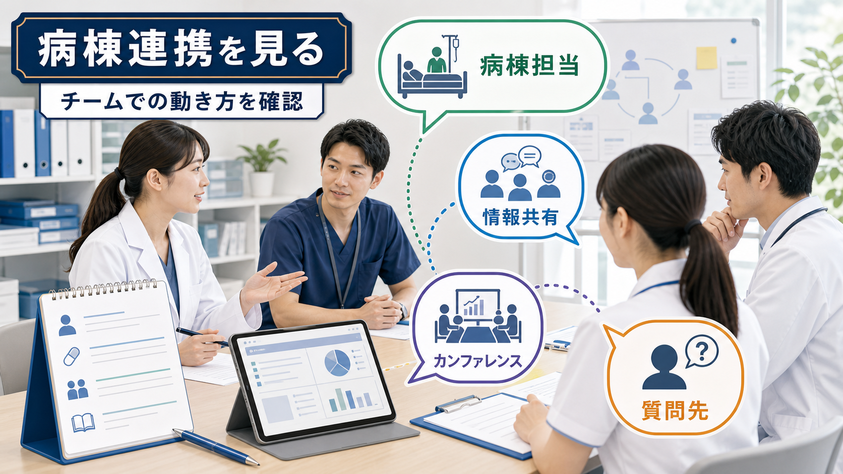 病院薬剤師求人で病棟連携、カンファレンス、医師看護師との情報共有を確認する要約画像