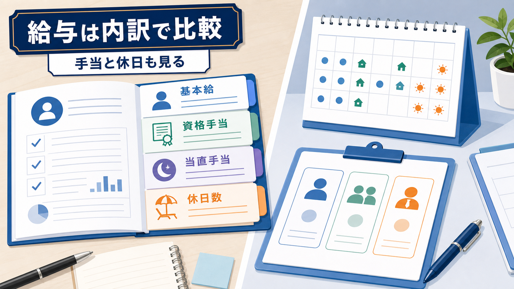 病院薬剤師求人で給与、資格手当、当直手当、雇用形態、休日数を比較する要約画像