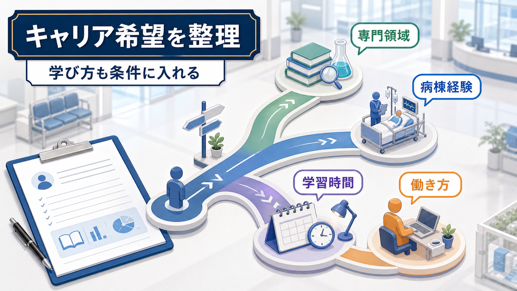 病院薬剤師求人で専門領域、病棟経験、学習時間、将来の働き方を整理する要約画像