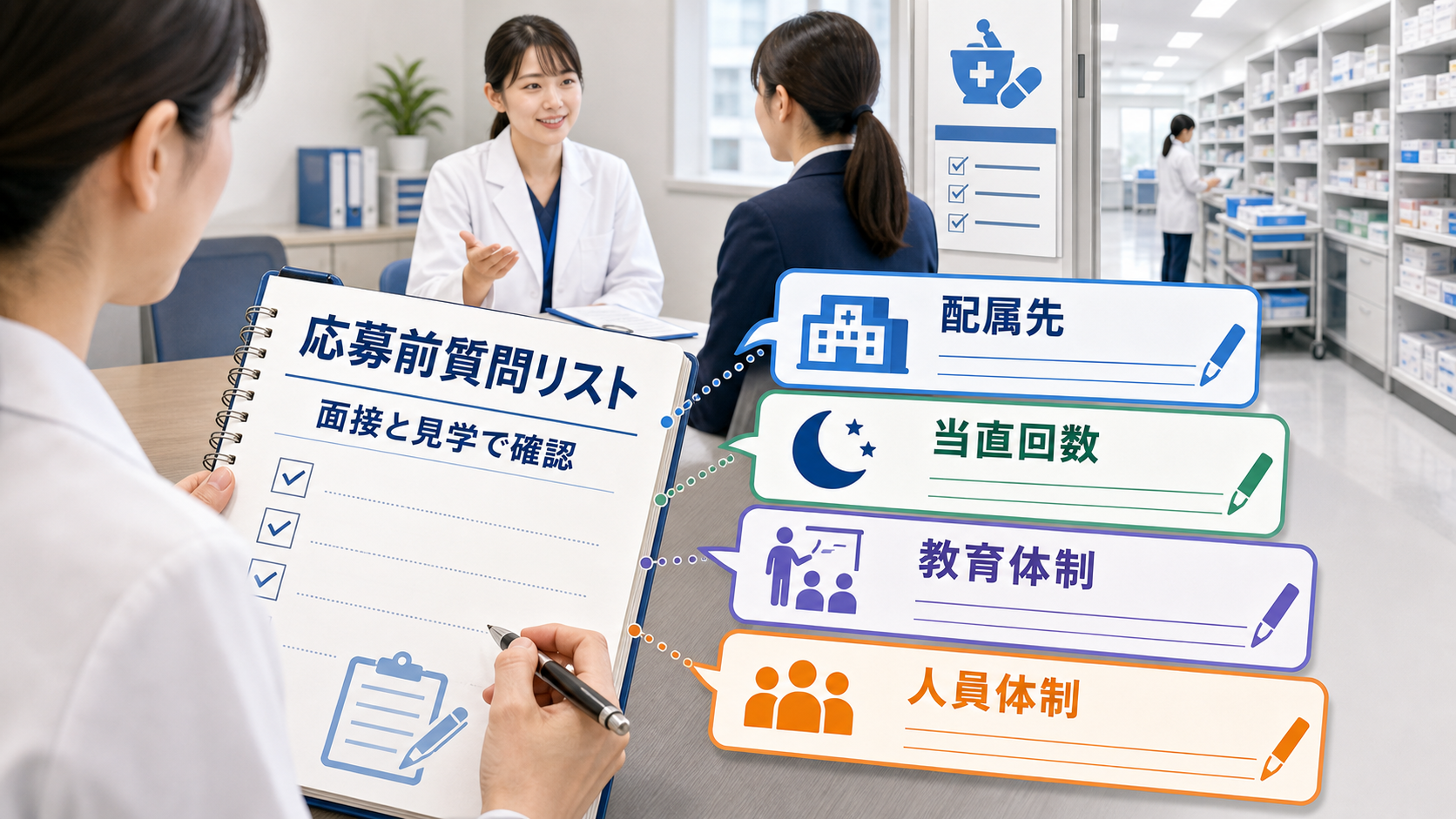 病院薬剤師求人の面接と職場見学で配属先、当直、教育体制を質問する要約画像