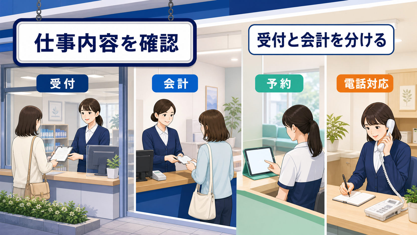 医療事務パート求人の仕事内容を受付、会計、レセプト、電話予約に分けて確認する要約画像