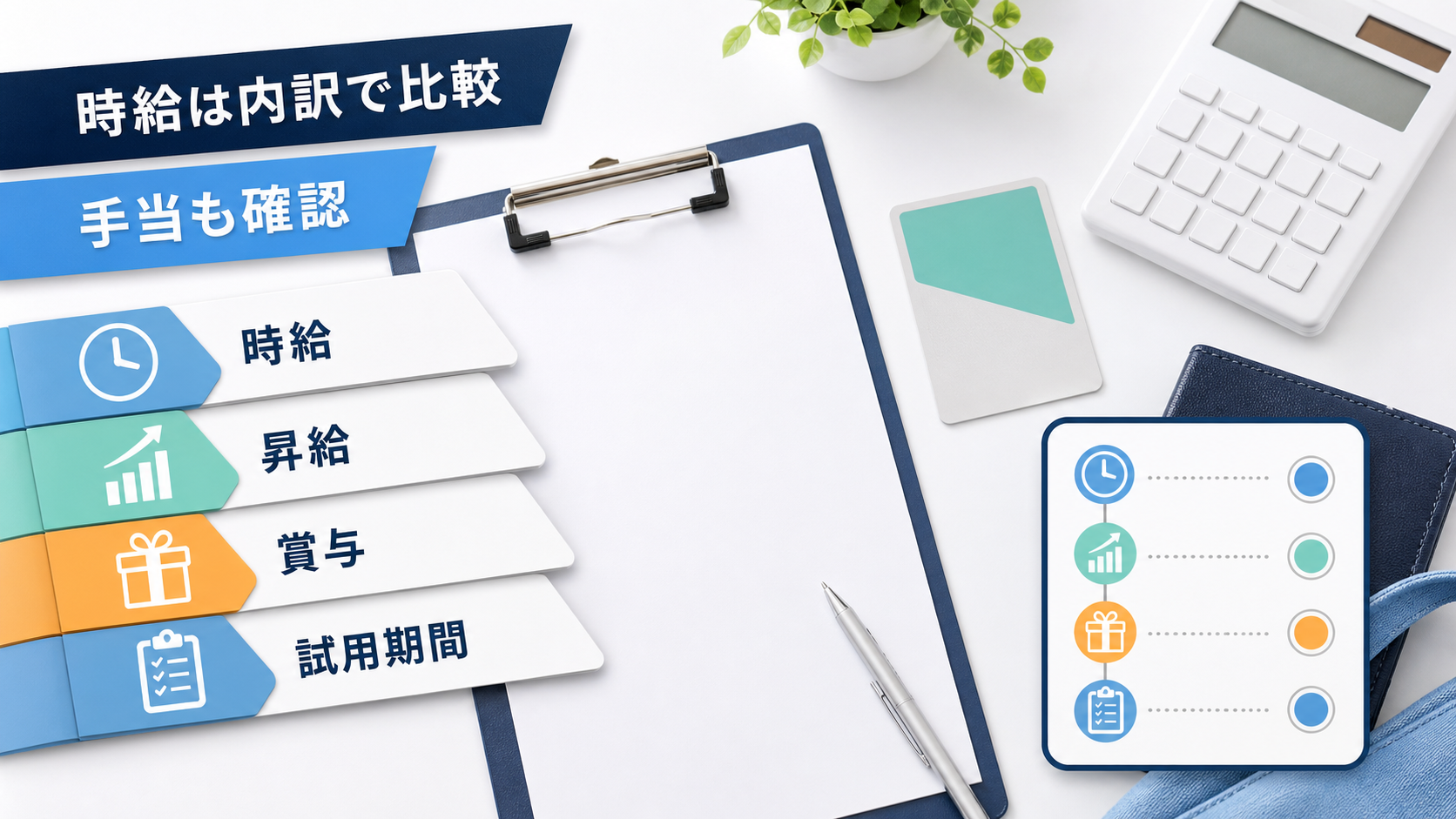 医療事務パート求人の時給、交通費、昇給、試用期間を内訳で比較する要約画像