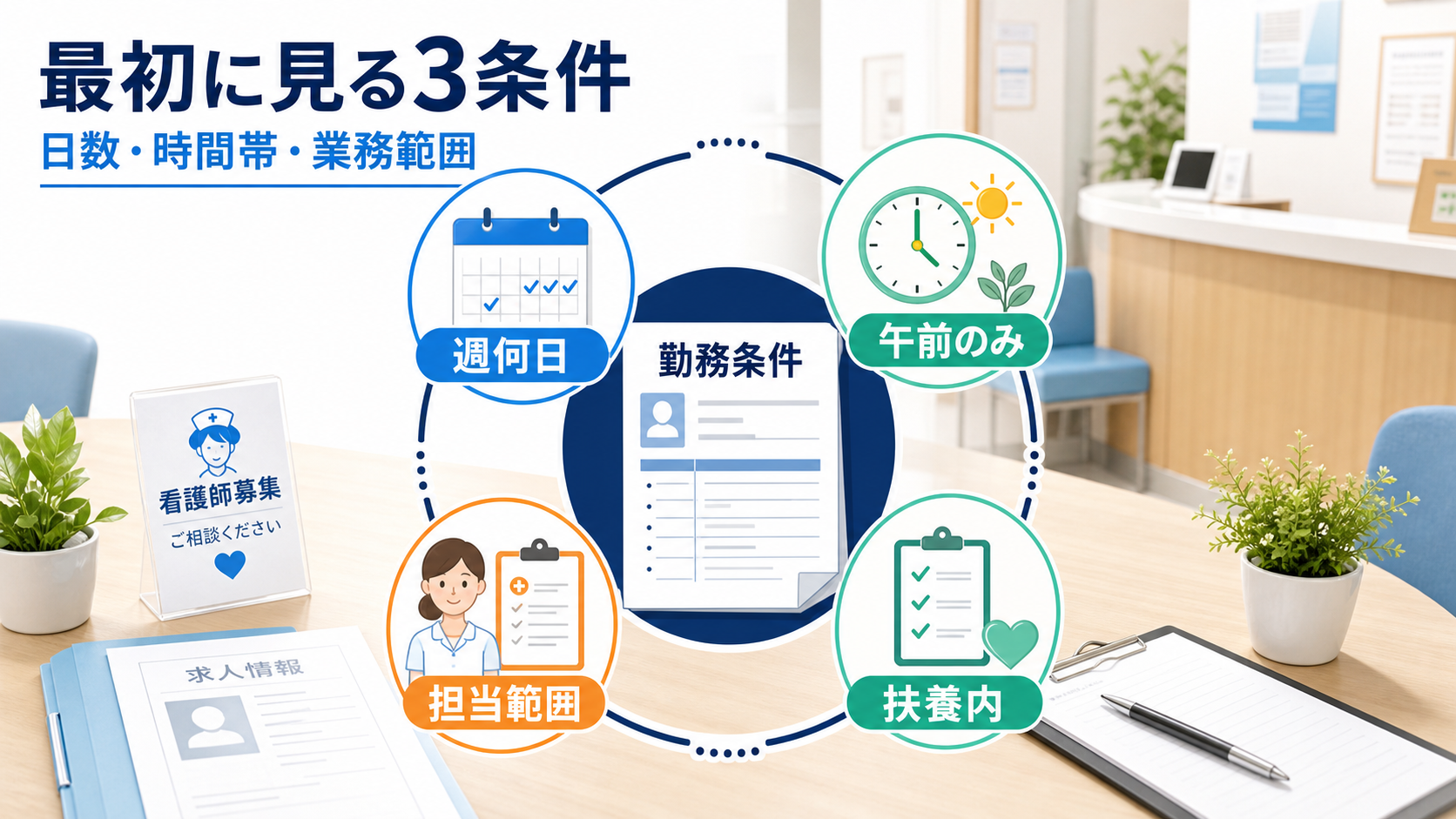 パート看護師求人は週何日、午前のみ、扶養内、担当範囲を分けて確認する要約画像