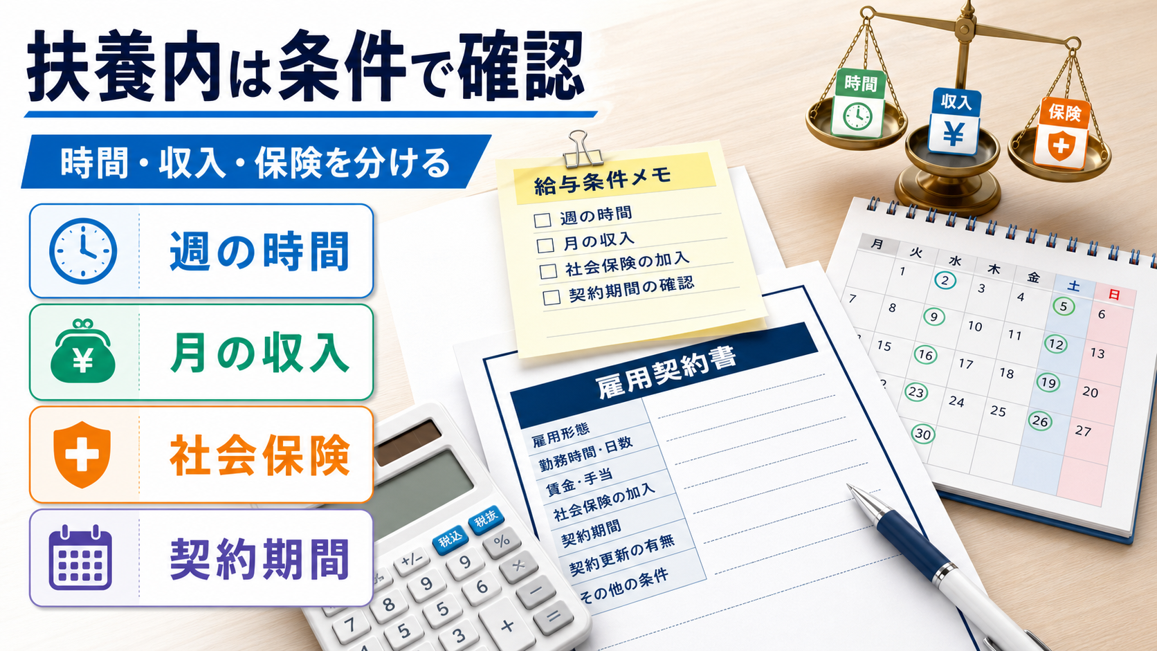 パート看護師求人の扶養内、勤務時間、社会保険、契約期間を確認する要約画像