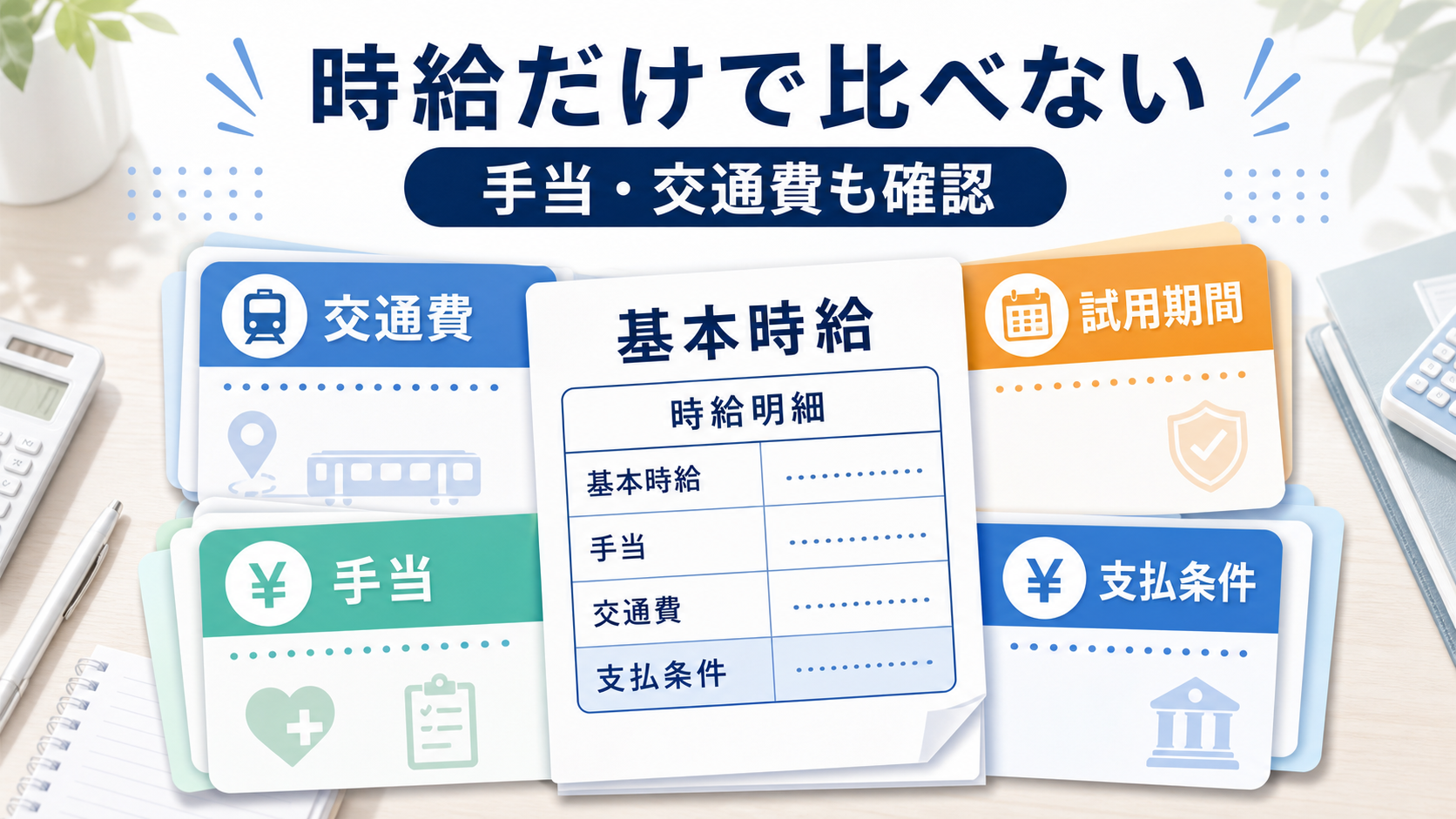 パート看護師求人の基本時給、交通費、手当、試用期間を内訳で比較する要約画像