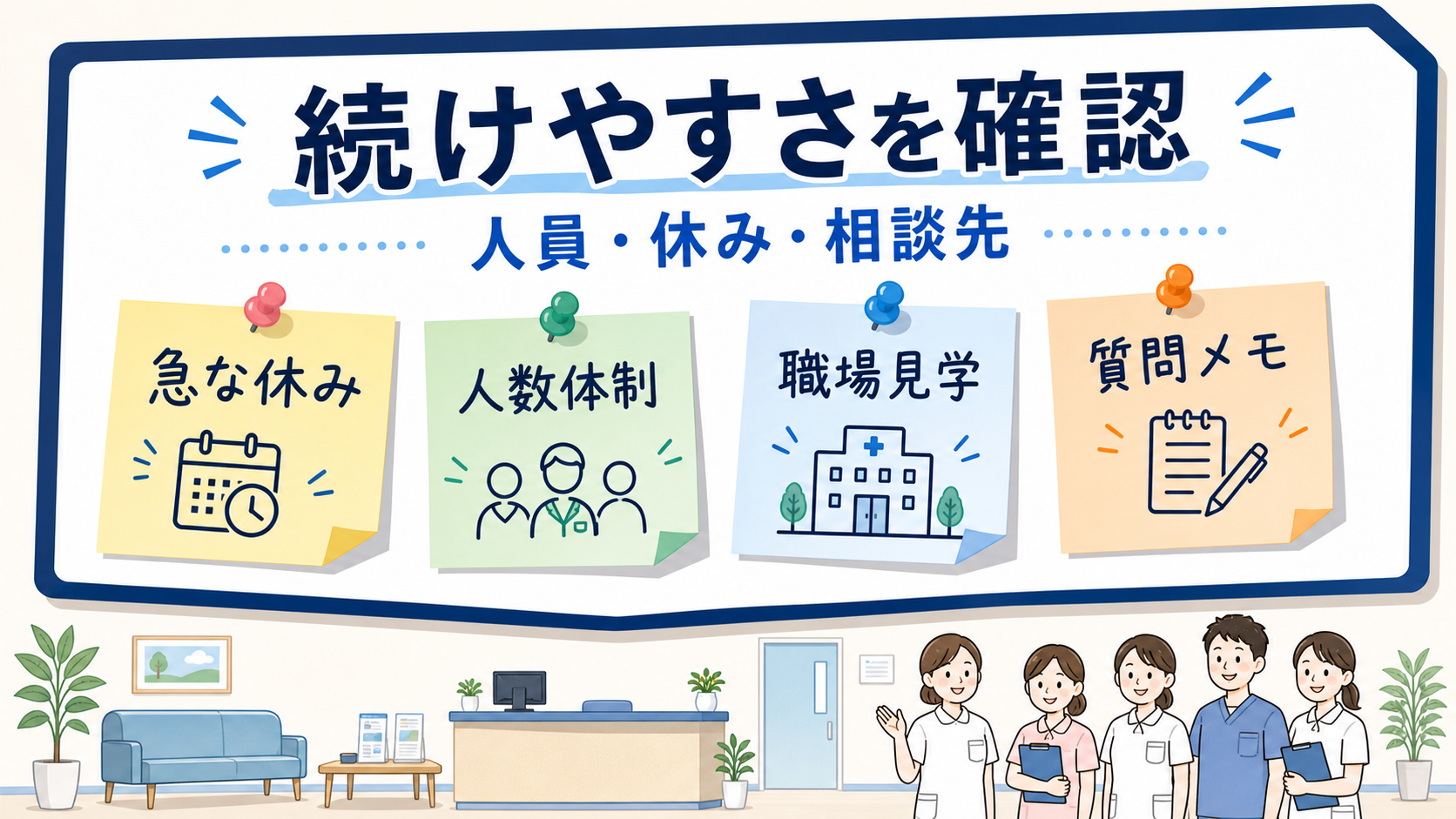 パート看護師求人の人員体制、急な休み、職場見学、質問メモを確認する要約画像