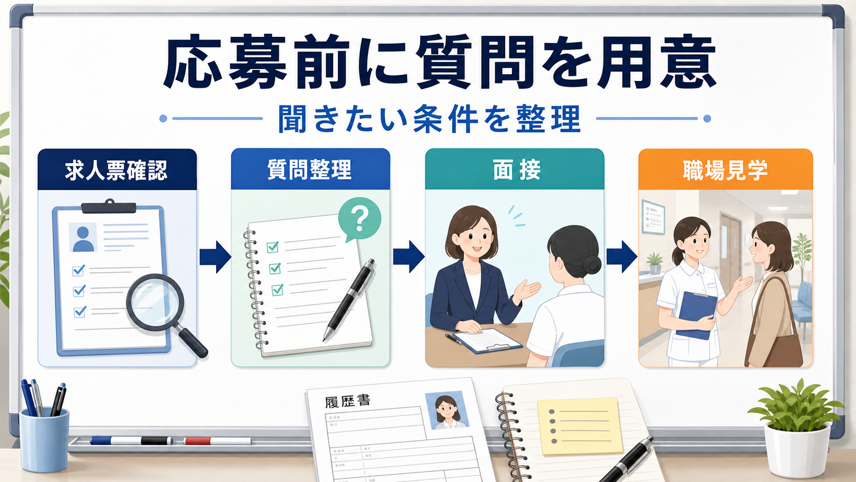 パート看護師求人の求人票確認、質問整理、面接、職場見学の流れをまとめる要約画像
