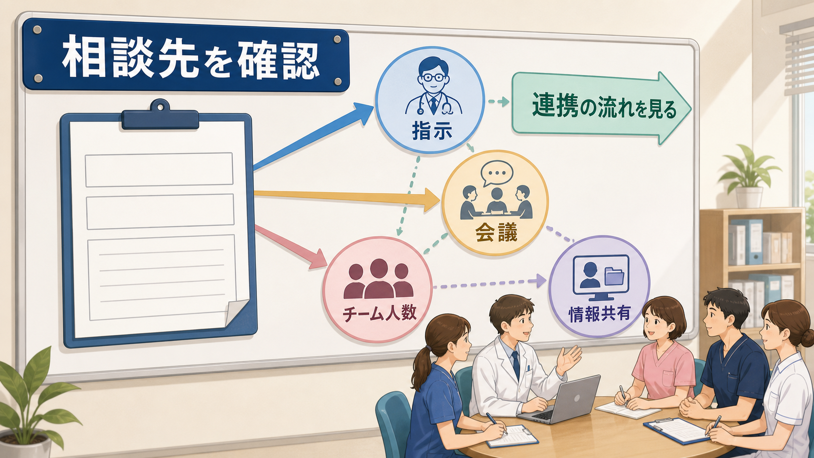 言語聴覚士求人で指示、相談先、会議、チーム人数、情報共有を確認する要約画像