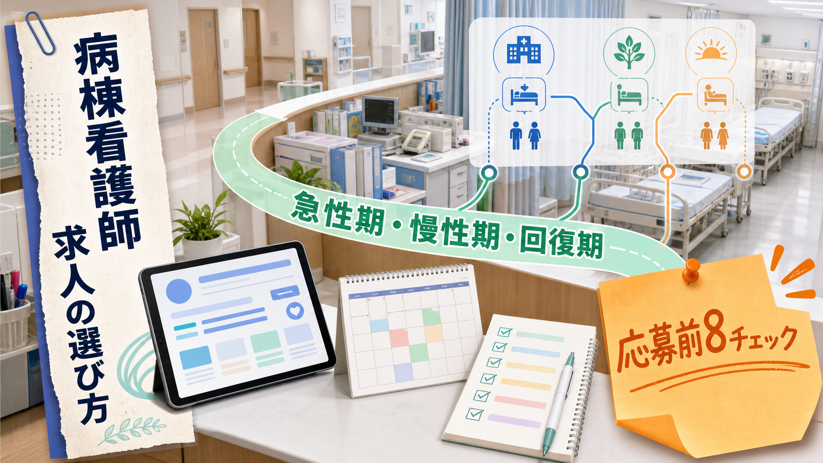 病棟看護師求人を急性期、慢性期、回復期、夜勤、教育体制で比較するアイキャッチ画像