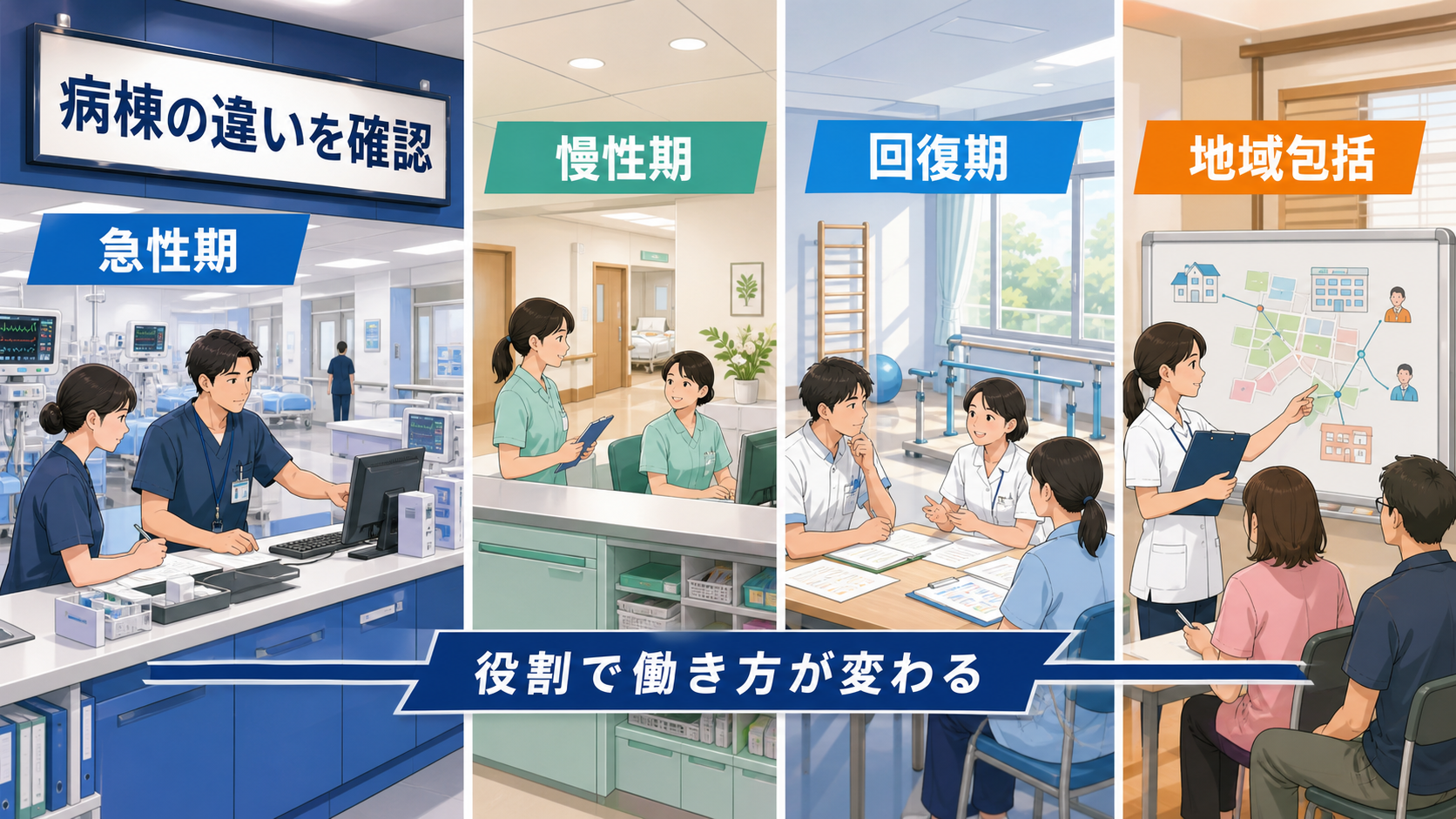 急性期、慢性期、回復期、地域包括ケアの病棟求人を比較する要約画像