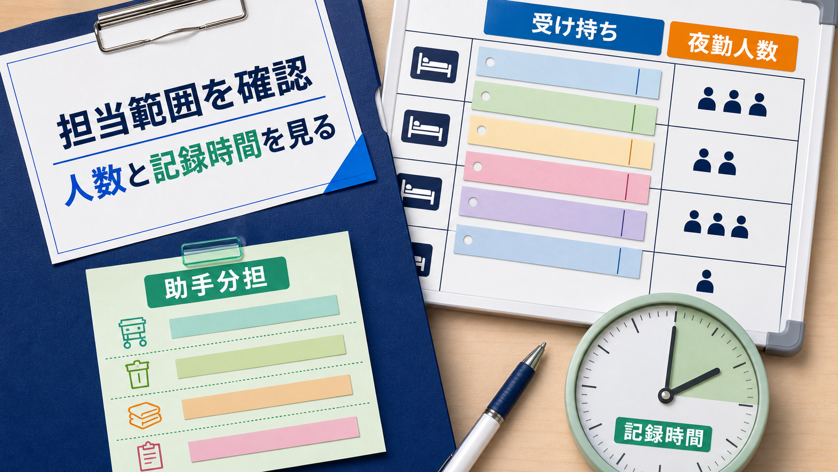 病棟看護師求人の受け持ち人数、看護助手との分担、記録時間を整理する要約画像