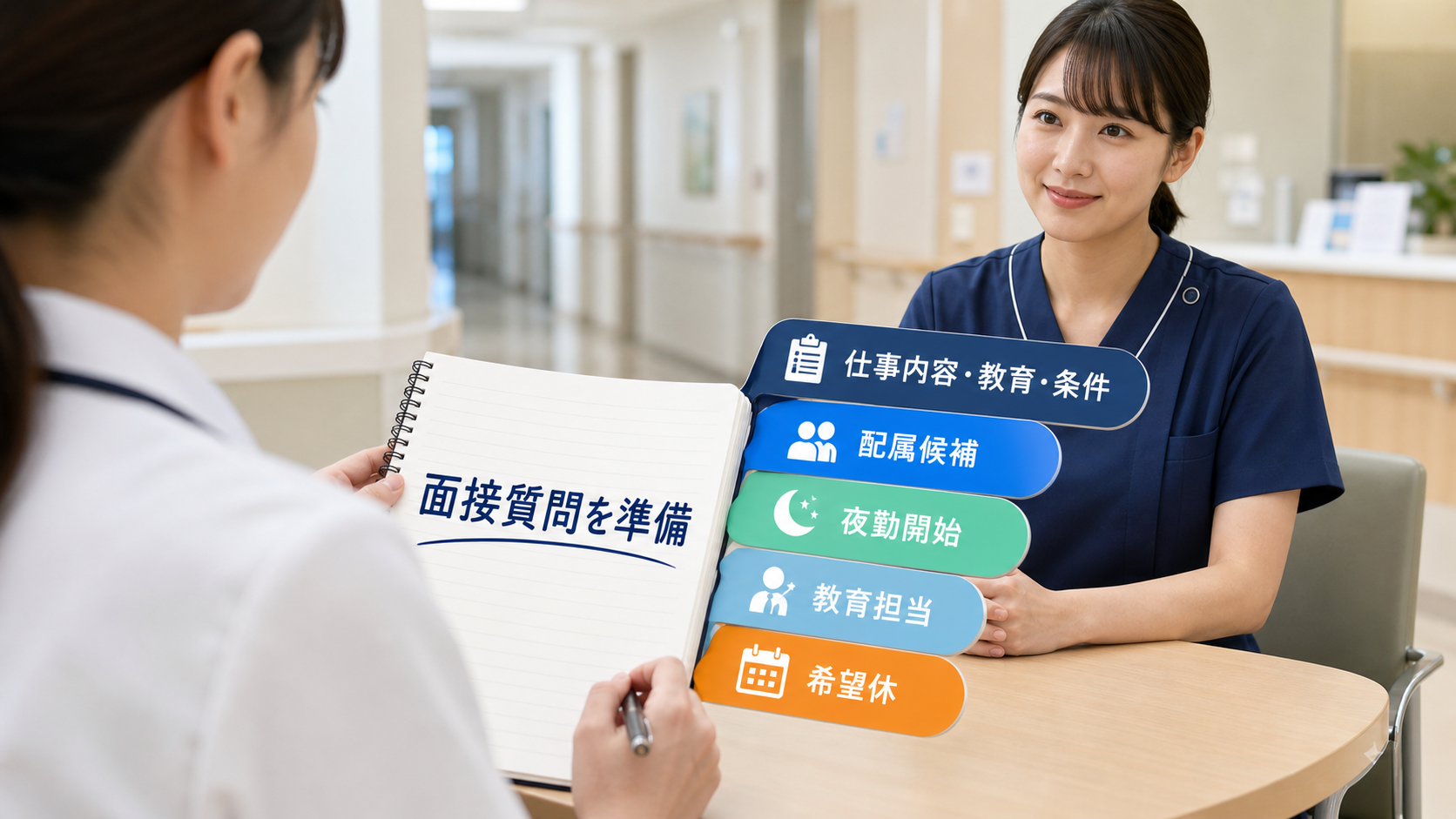 病棟看護師求人の面接質問、職場見学、教育体制、勤務条件を準備する要約画像