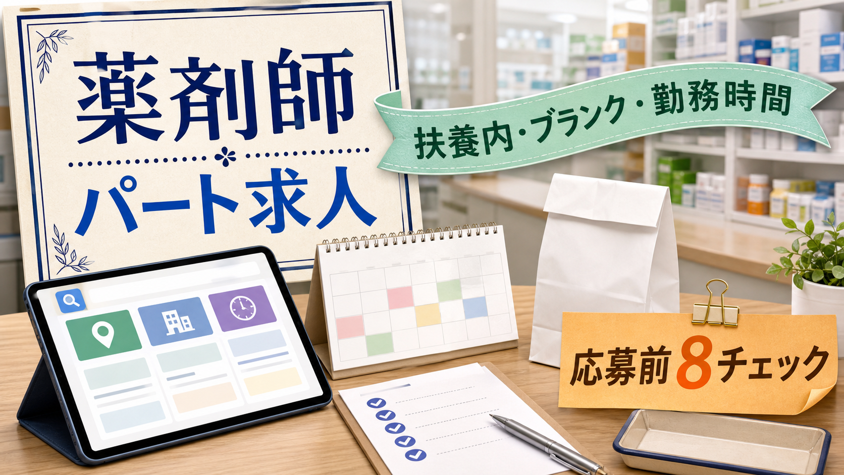 薬剤師パート求人を探す人向けに、扶養内、ブランク、勤務時間を応募前に整理したアイキャッチ画像