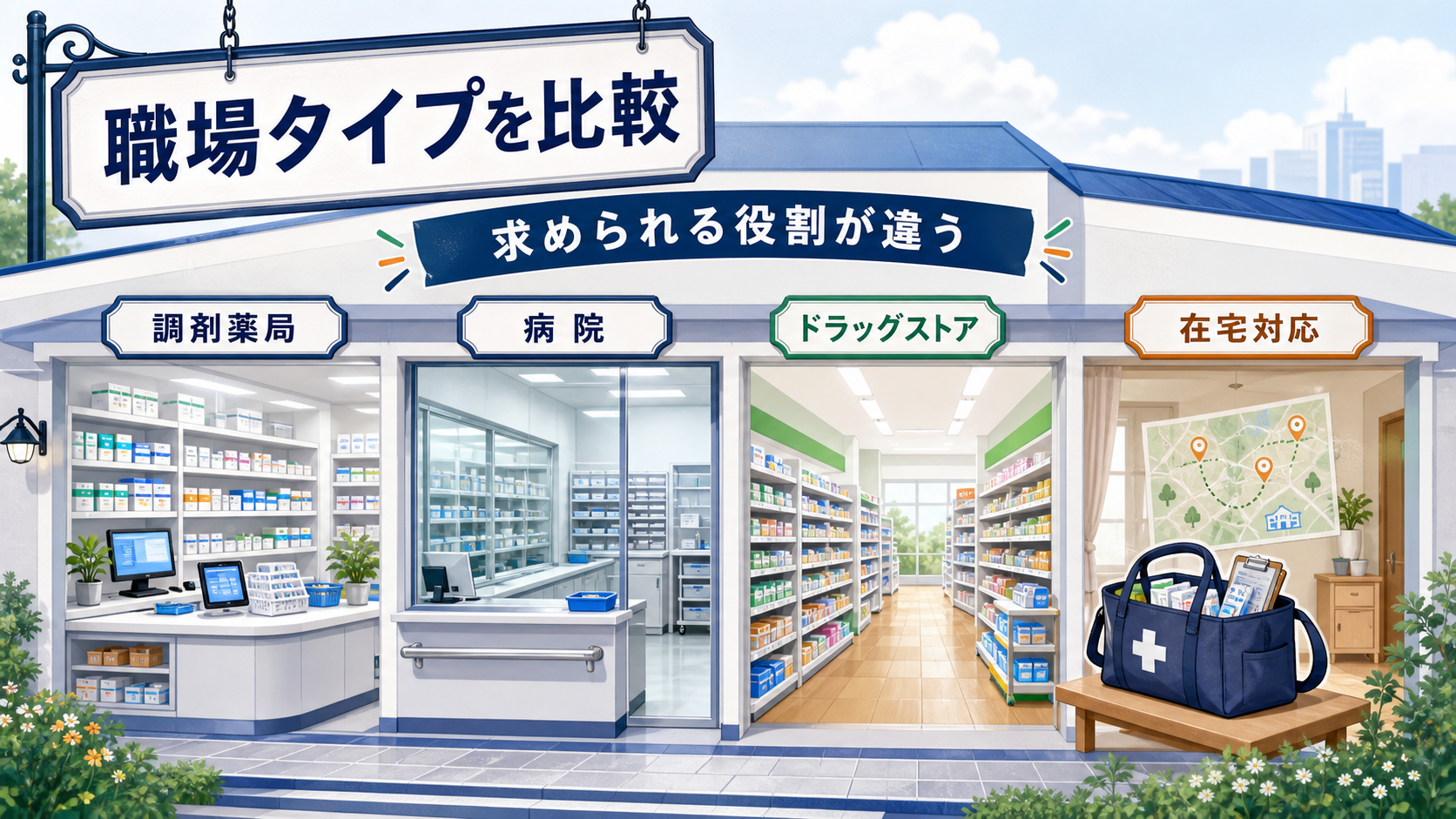 薬剤師パート求人で調剤薬局、病院、ドラッグストア、在宅対応の職場タイプを比較する要約画像